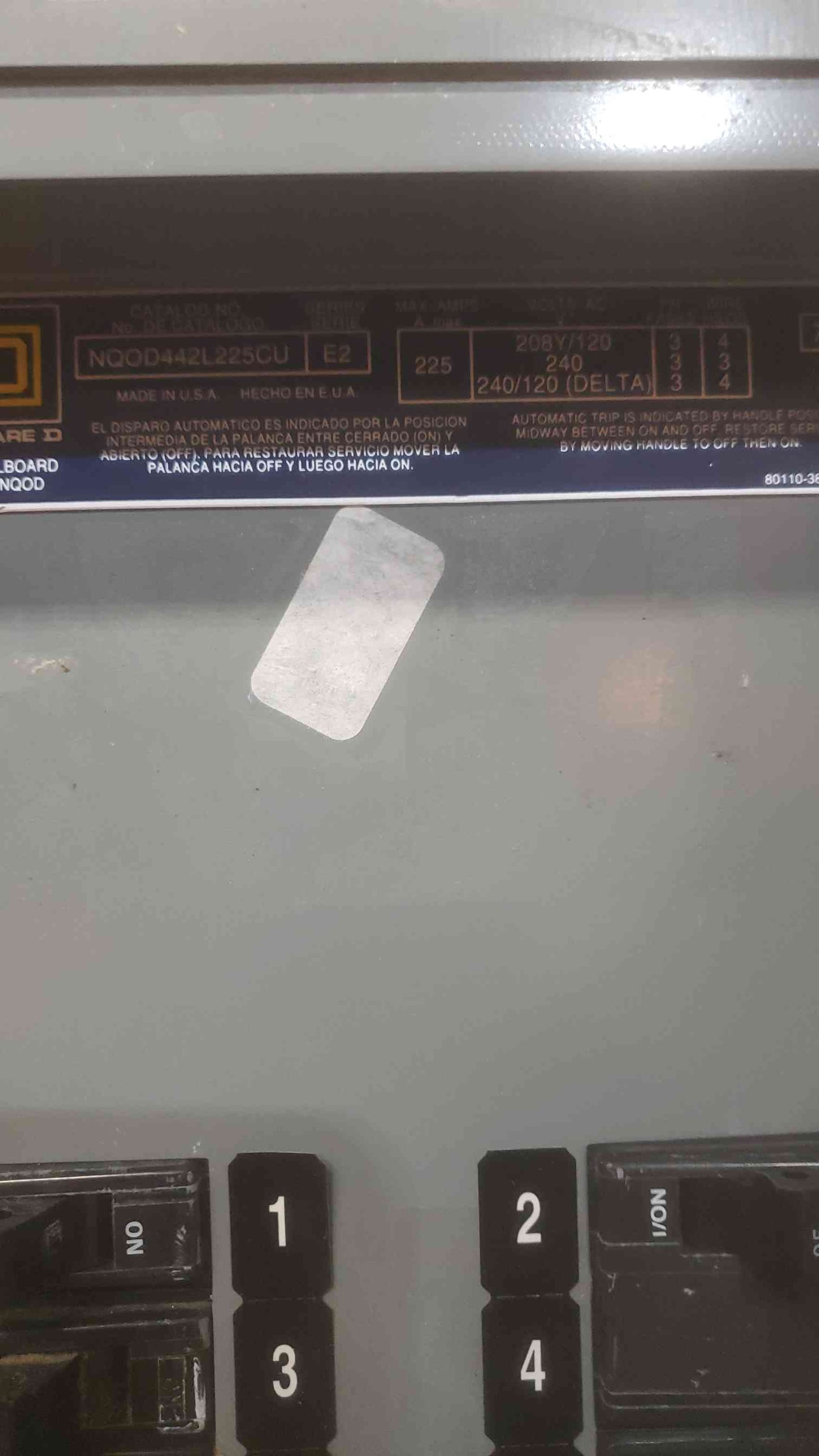 SQUARE D 120/240V 225A Panelboard CAT NO. NQOD44L225CU(SKU: 110588)