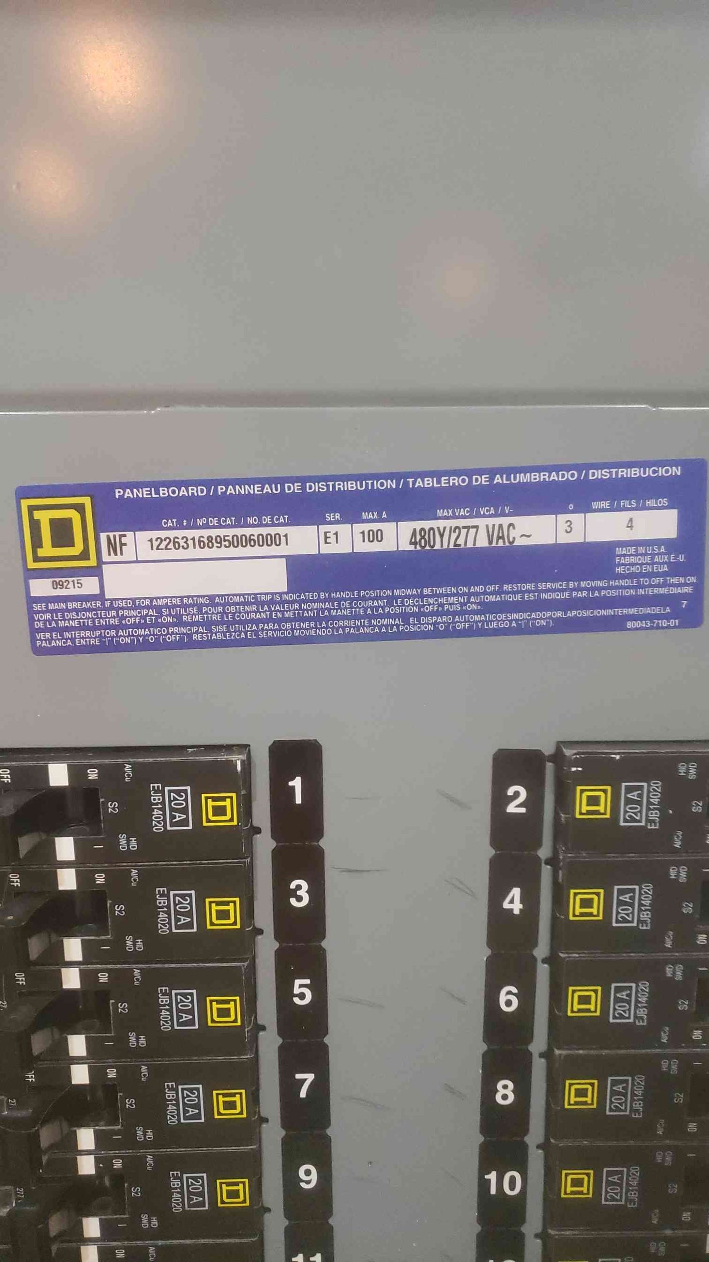 SQUARE D 100A 480Y/277VAC 3PH 4W Panelboard NF (SKU: 110596)