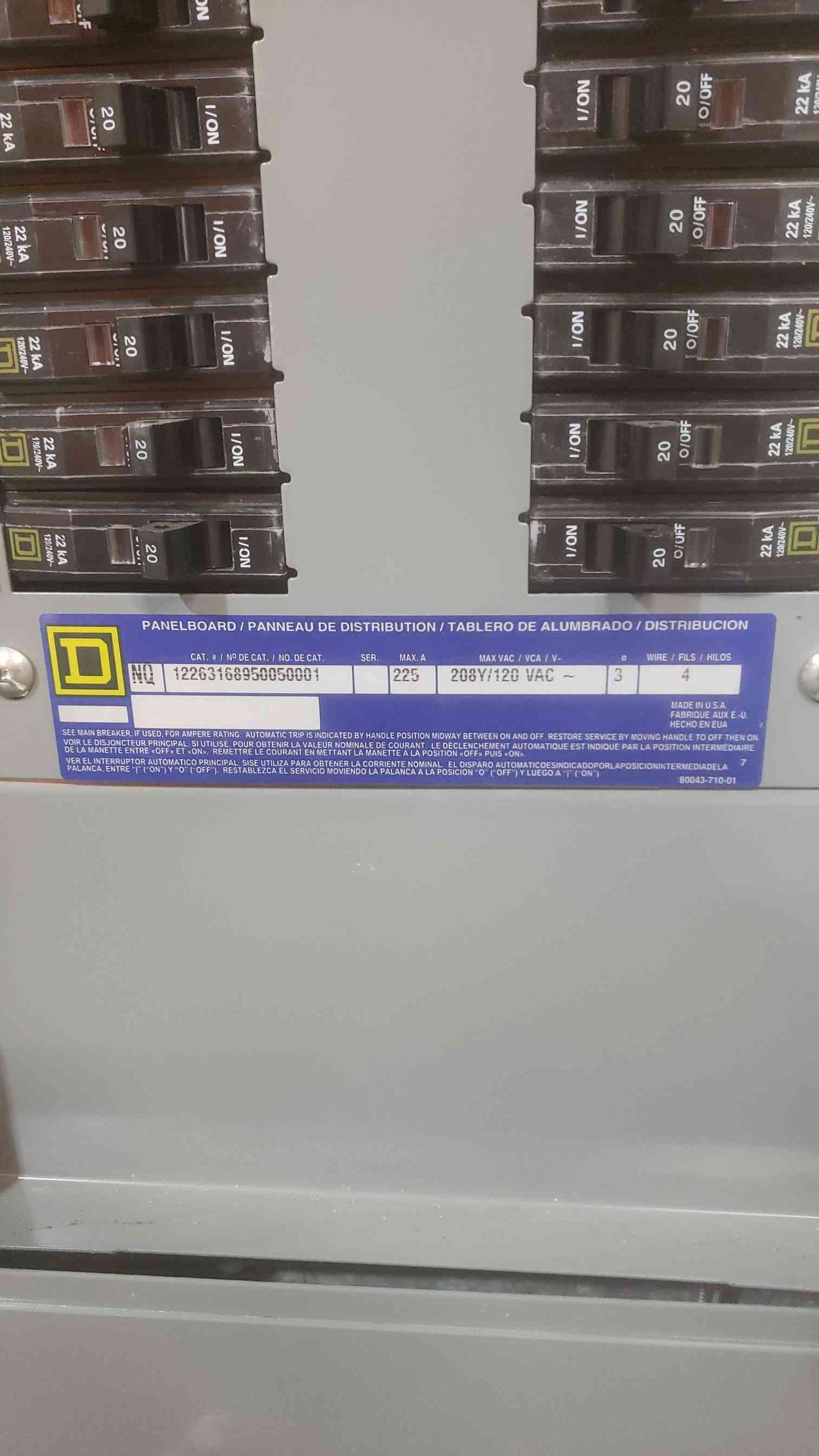 SQUARE D 225A 208Y/120VAC 3PH 4W PANELBOARD NQ(SKU: 110597)
