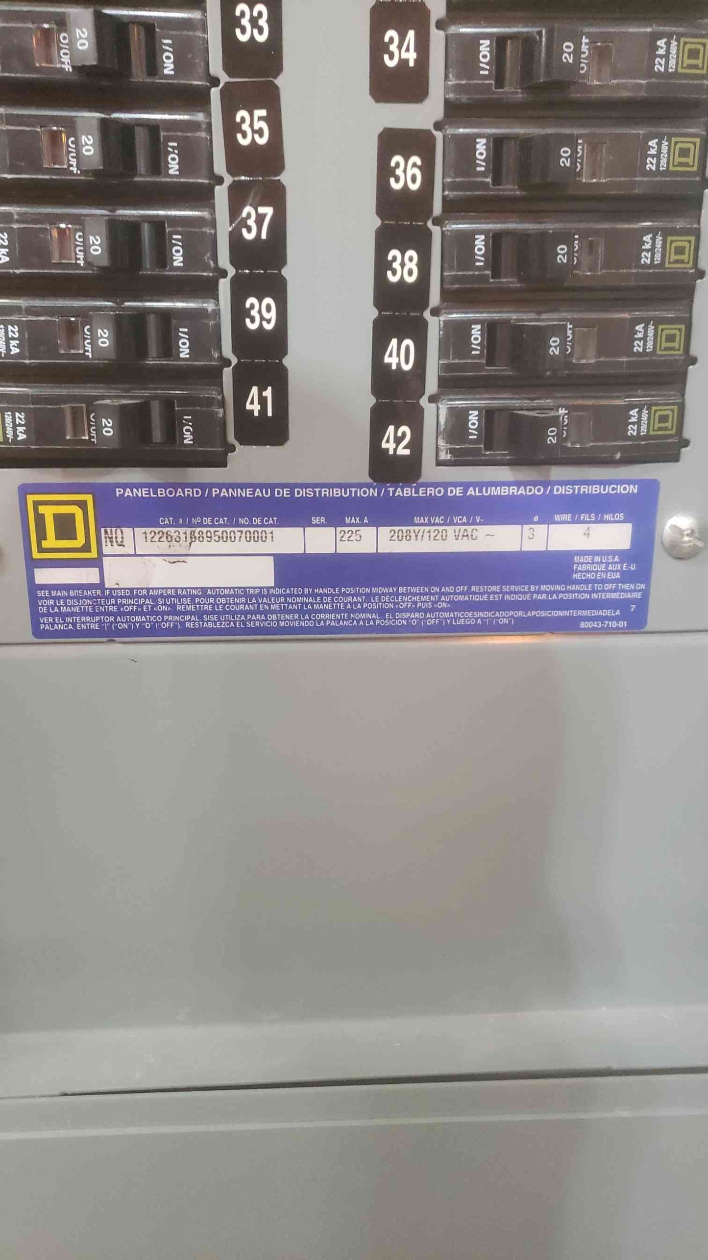SQUARE D 225A 208Y/120VAC 3PH 4W PANELBOARD NQ (SKU: 110627)
