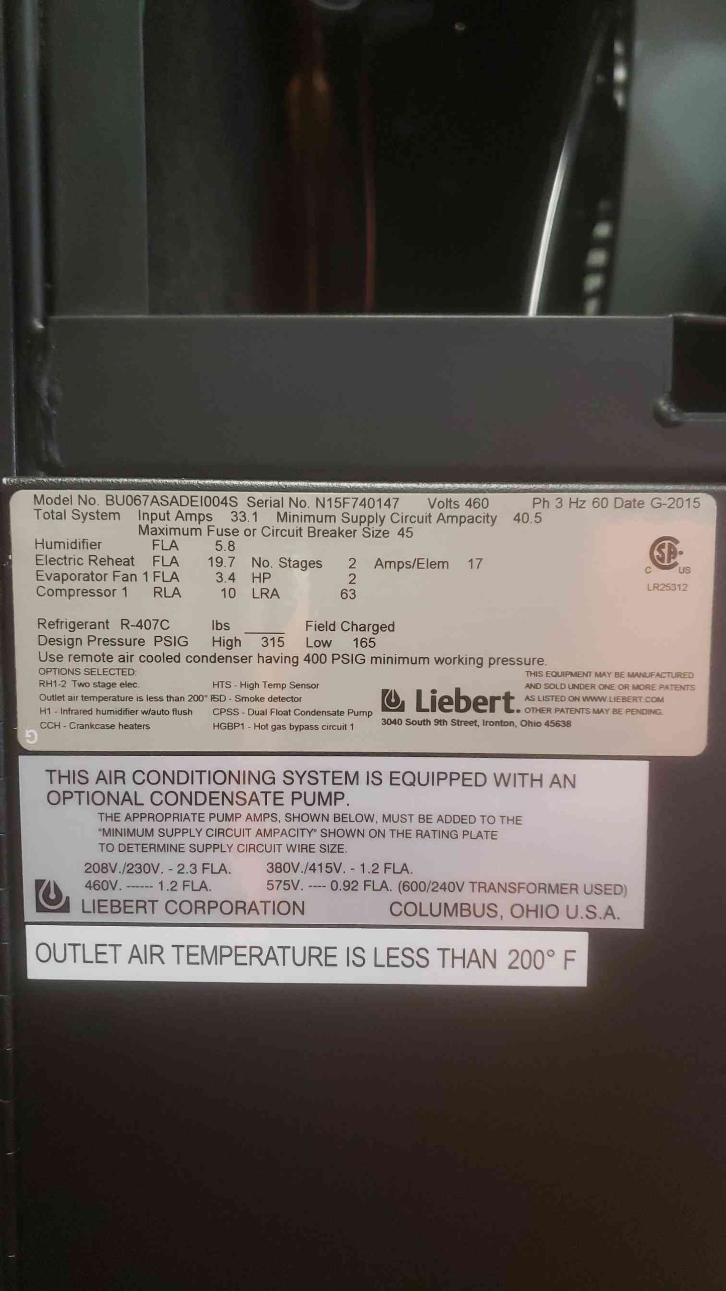 Liebert 5 Ton 460V 3PH CRAC BU067A 2015 R-407C (SKU: 110673)
