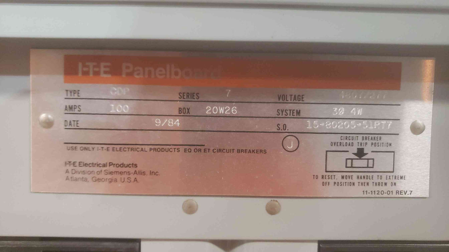 I-T-E 100A 480/277V 3PH 4W Panelboard (SKU: 110667)
