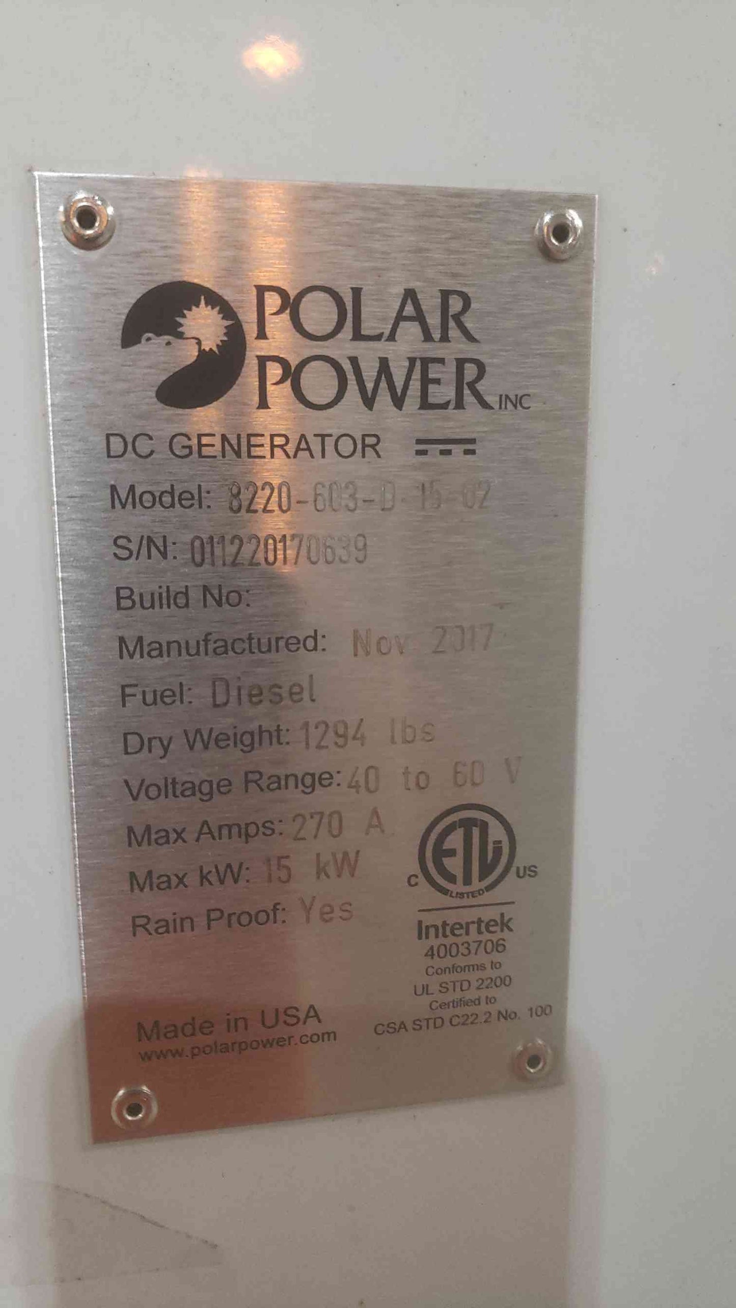 15KW POLAR POWER 40/60V 270A Diesel DC Generator 8220-603-D-15-02 22Hrs. (SKU: 110790)