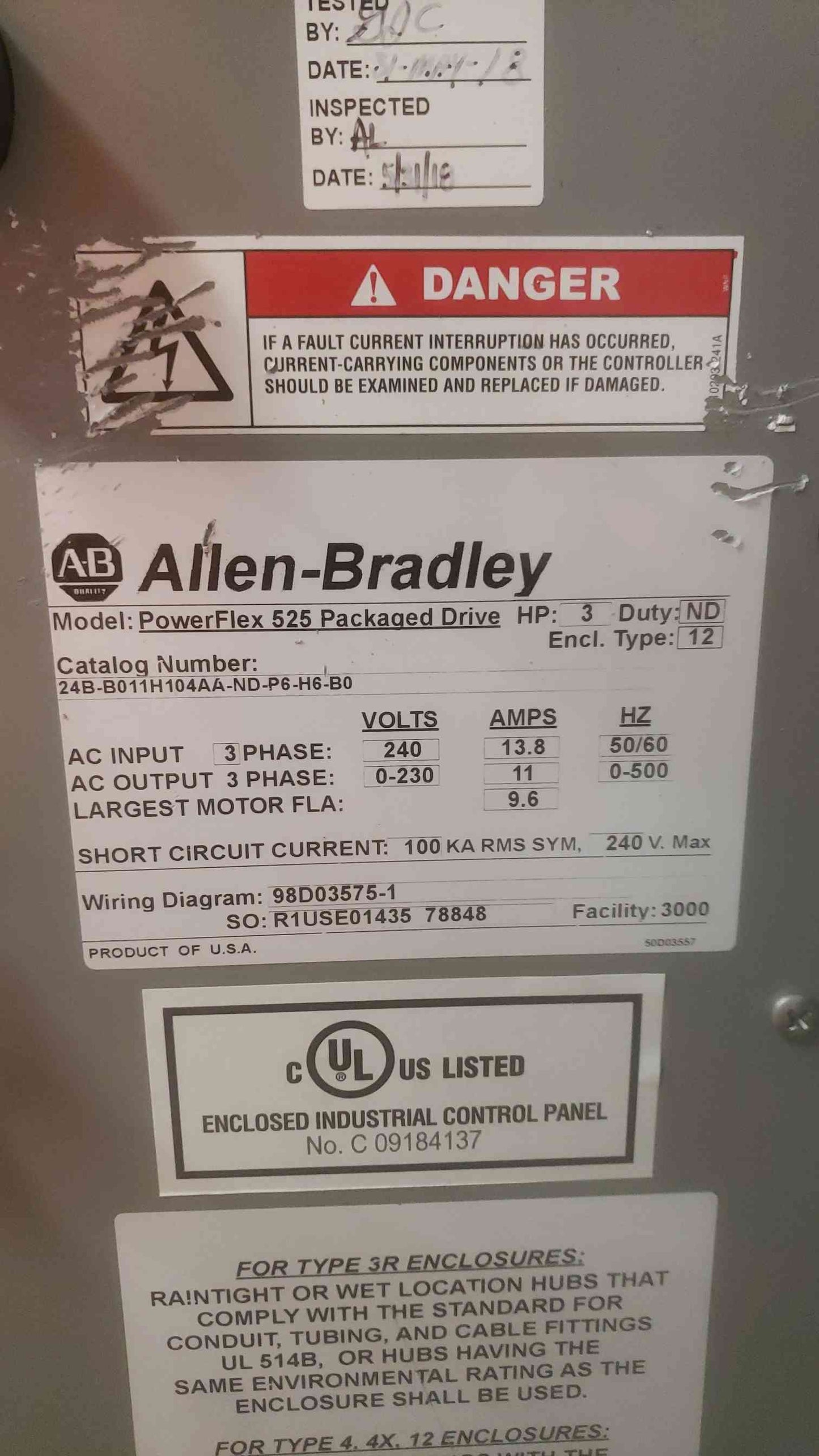 Allen-Bradley PowerFlex 525 Packaged Drive, 3HP, 240V, 13.8A, 3PH VFD