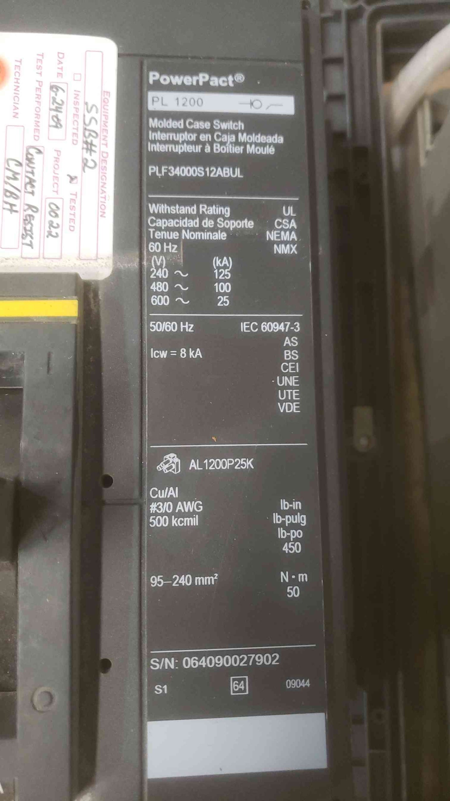 Square D 1200A PowerPact 3 Pole Breaker PL1200 PLF34000S12ABUL (SKU: 110926)