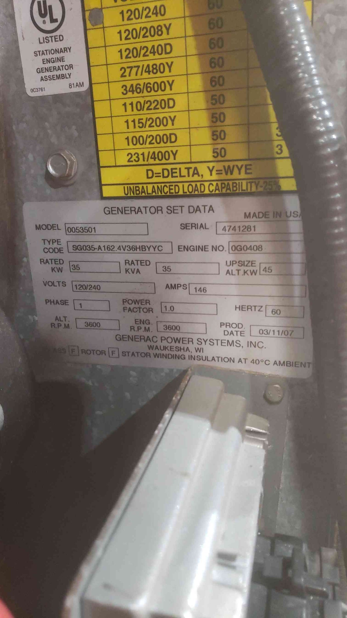 AS-IS 35KW Generac Mitsubishi 1PH LP Nat Gas Generator 0053501 474.5Hrs
