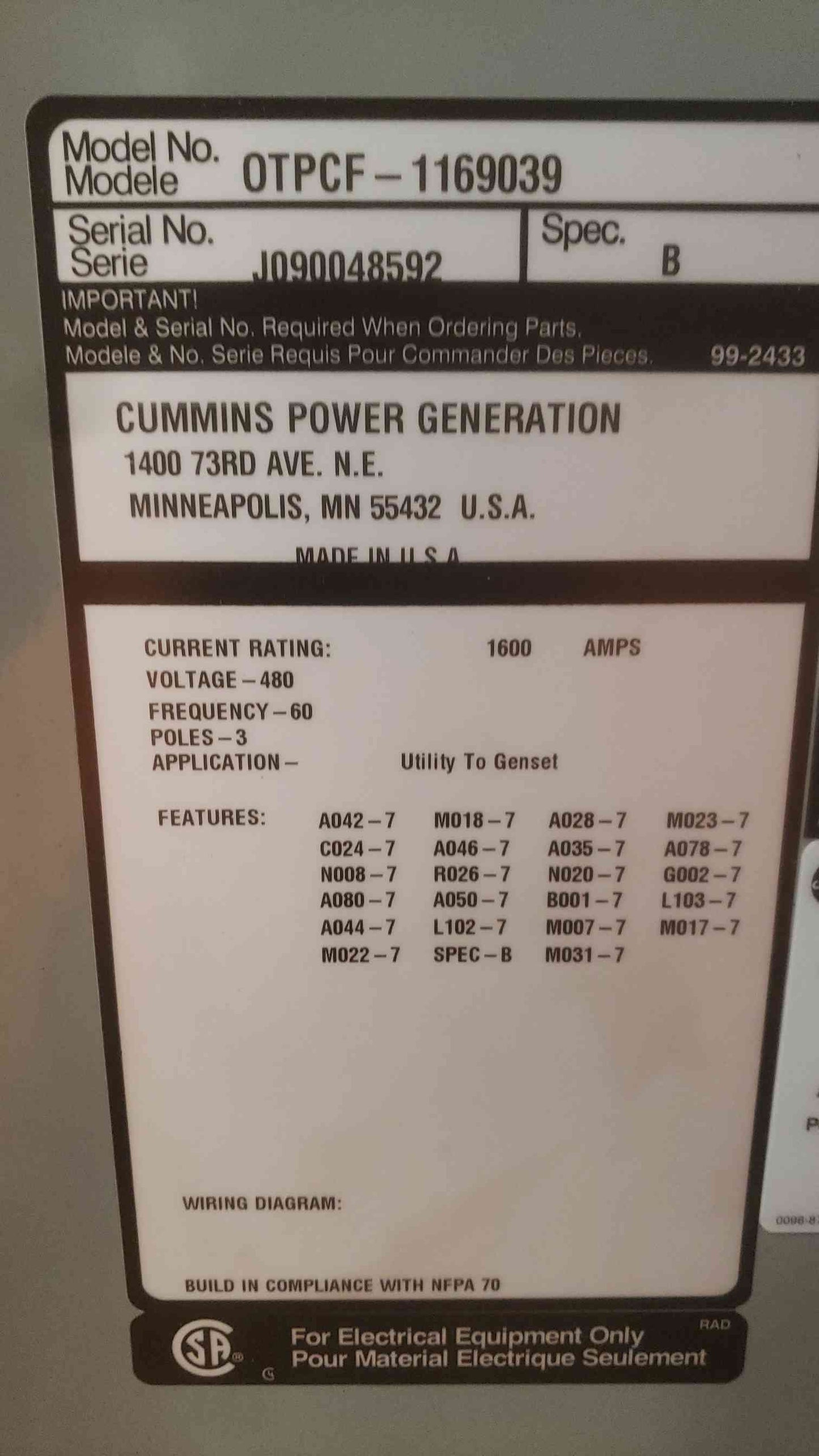 Cummins 1600A 480V ATS Automatic Transfer Switch OTPCF-1169039 (SKU: 111241)