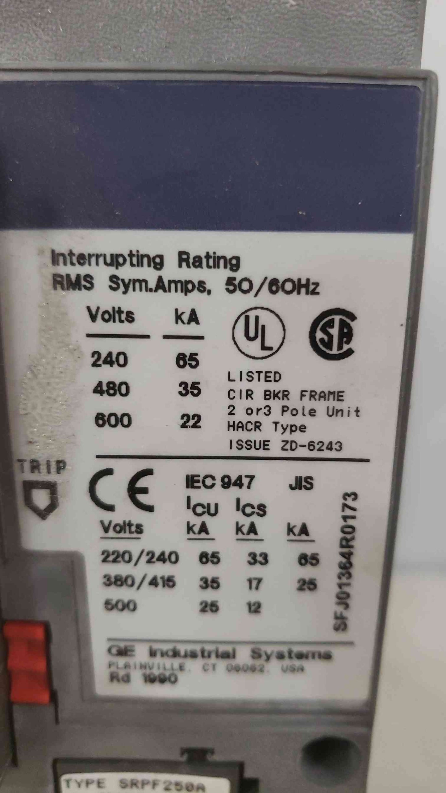 GE 250A 600VAC 3 Pole Breaker SFHA36AT0250 175A Trip