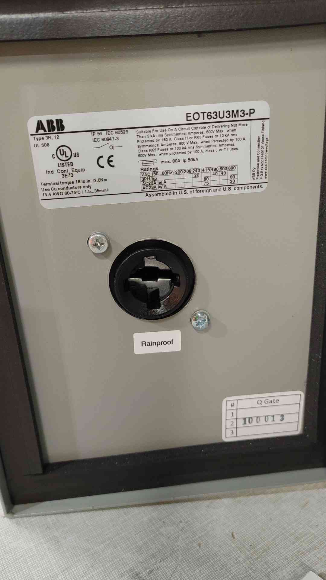 ABB 80A 600VAC Enclosed Manual Motor Controller EOT63U3M3-P(SKU: 111533)