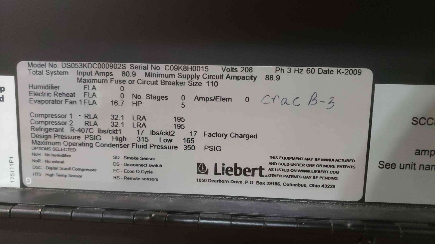 Liebert 208V 15 Ton 3PH Crac Unit DS053K DC000902S (SKU: 111795)