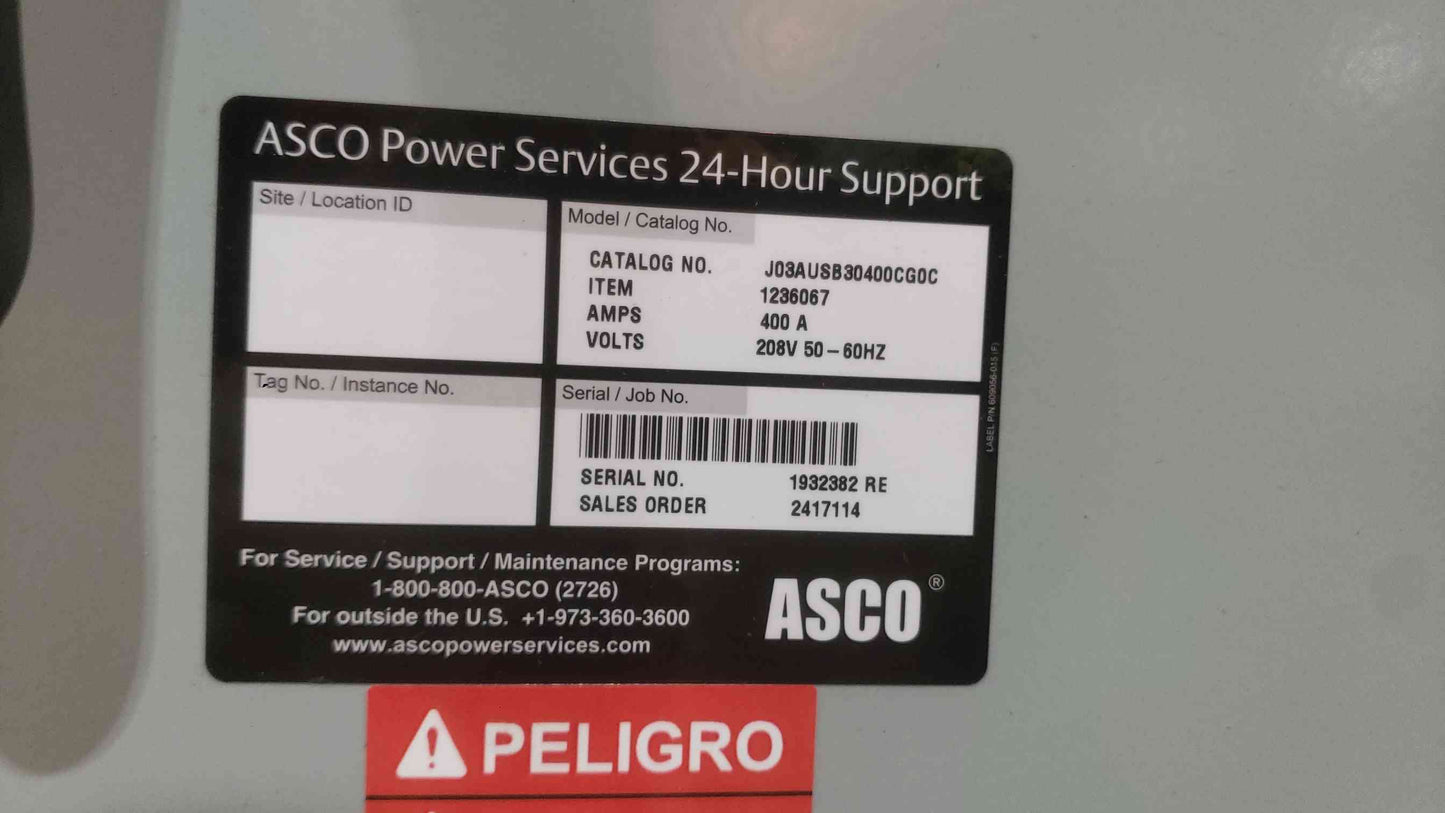 ASCO 400A 208V 3PH 4W ATS J03AUSB30400CG0C 3ATS Automatic Transfer Switch (SKU: 111837)