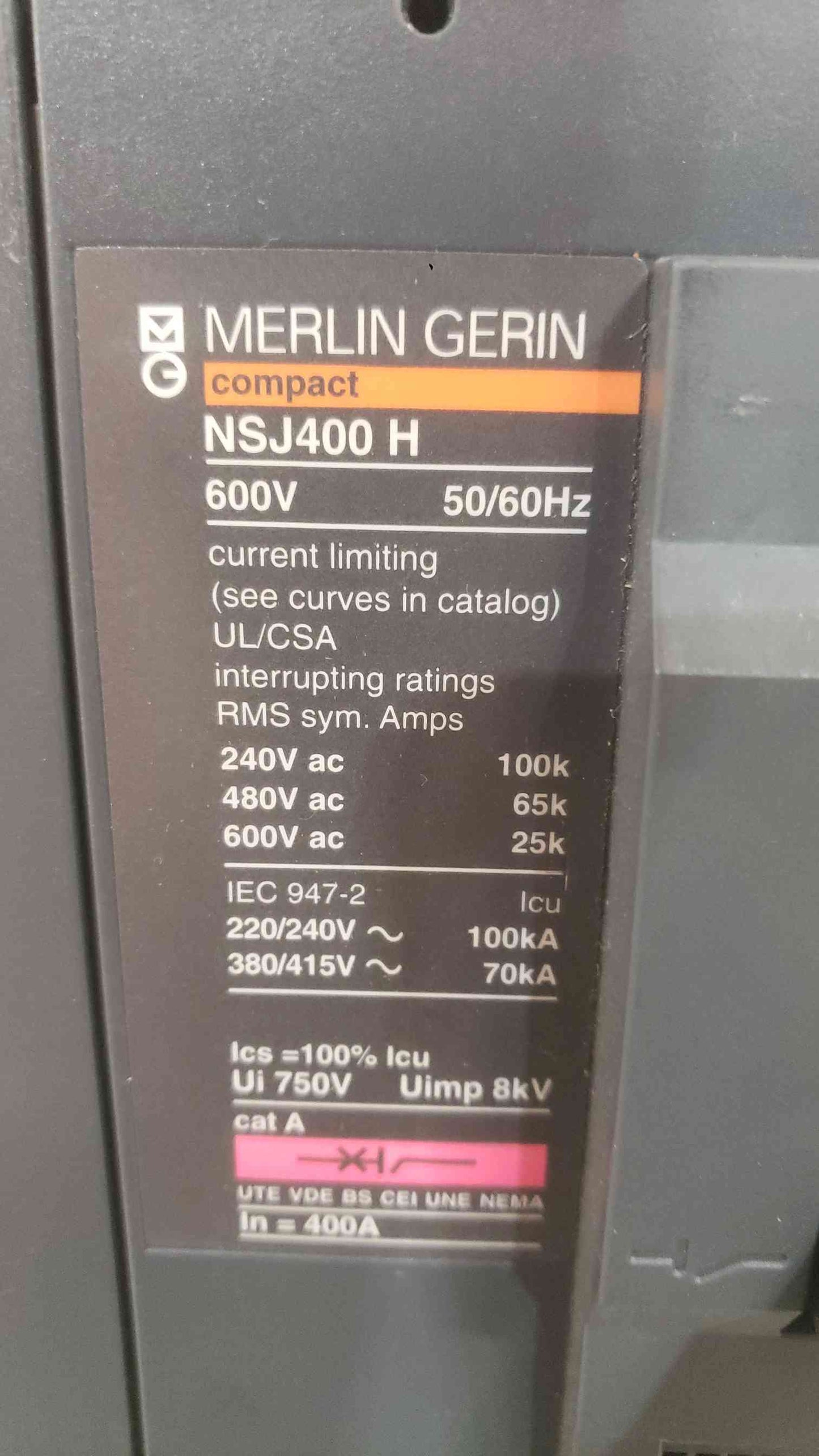 Merlin Gerin 160/400A 600V Breaker NSJ400 H UIB trip unit(SKU: 111871)