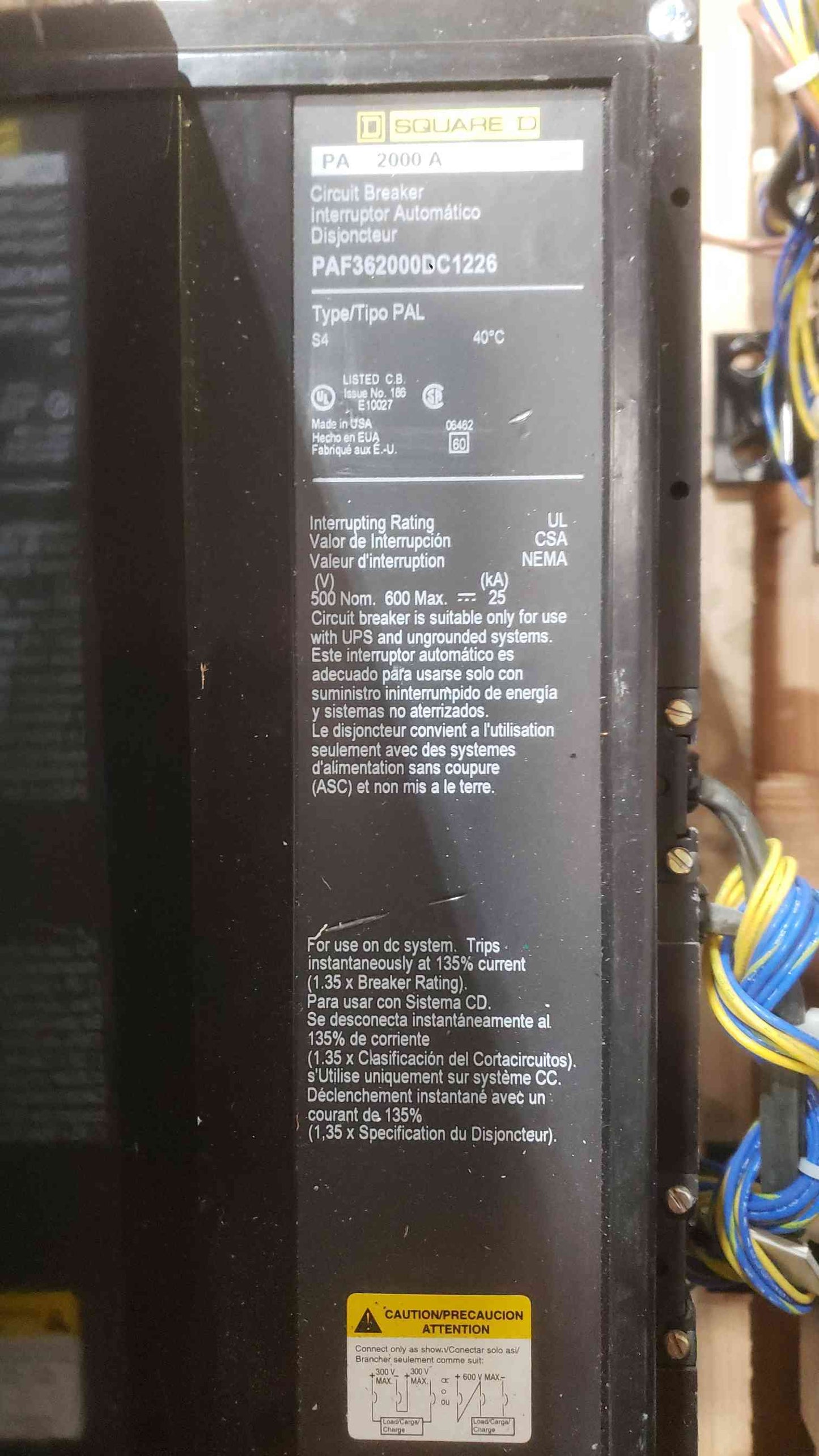 Square D 2000A 600V Max Breaker PAF362000DC1226 (SKU: 111880)