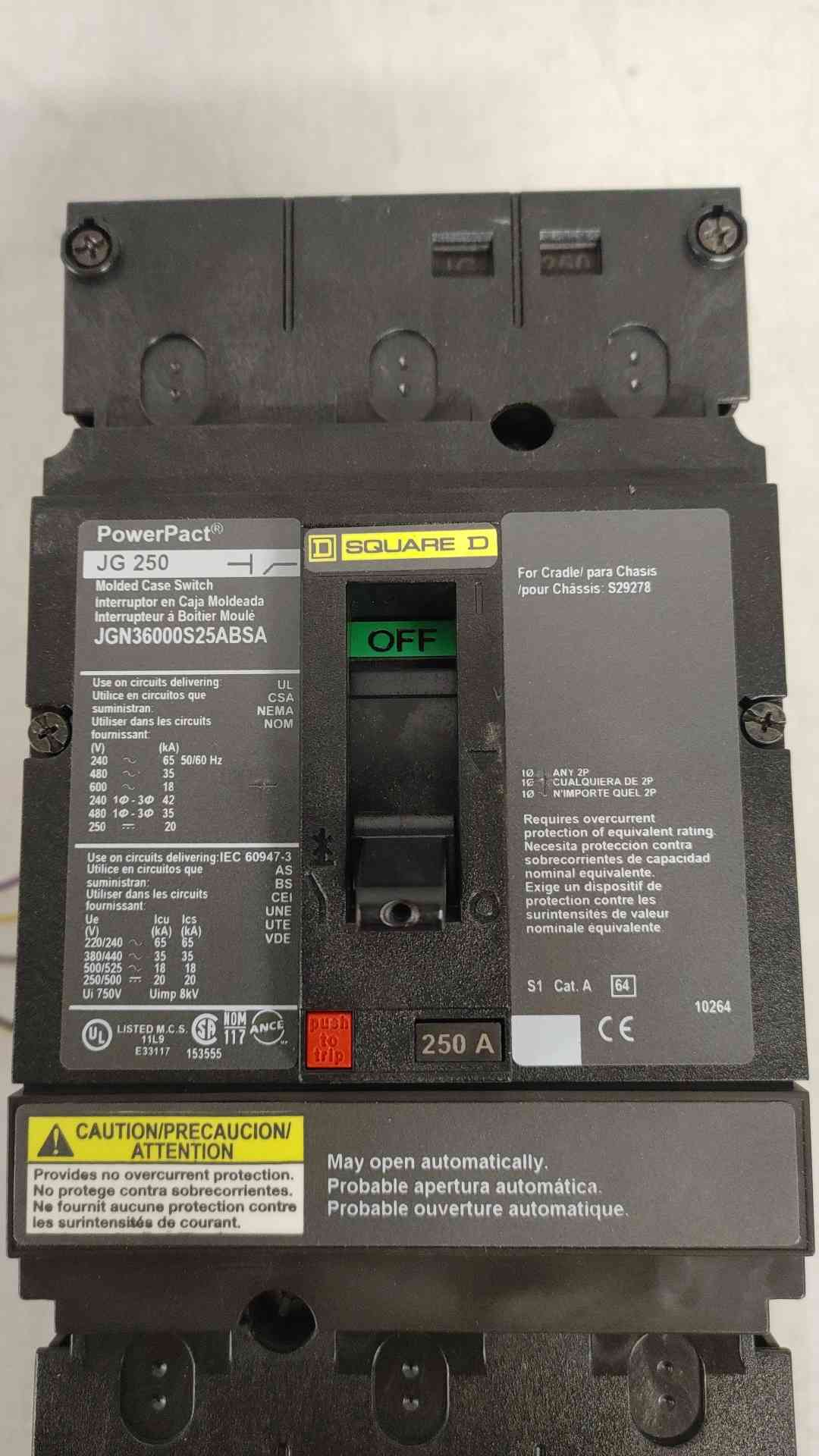 Square D 250A PowerPact J-Frame (JG 250) Breaker JGN36000S25ABSA (SKU: 111872)
