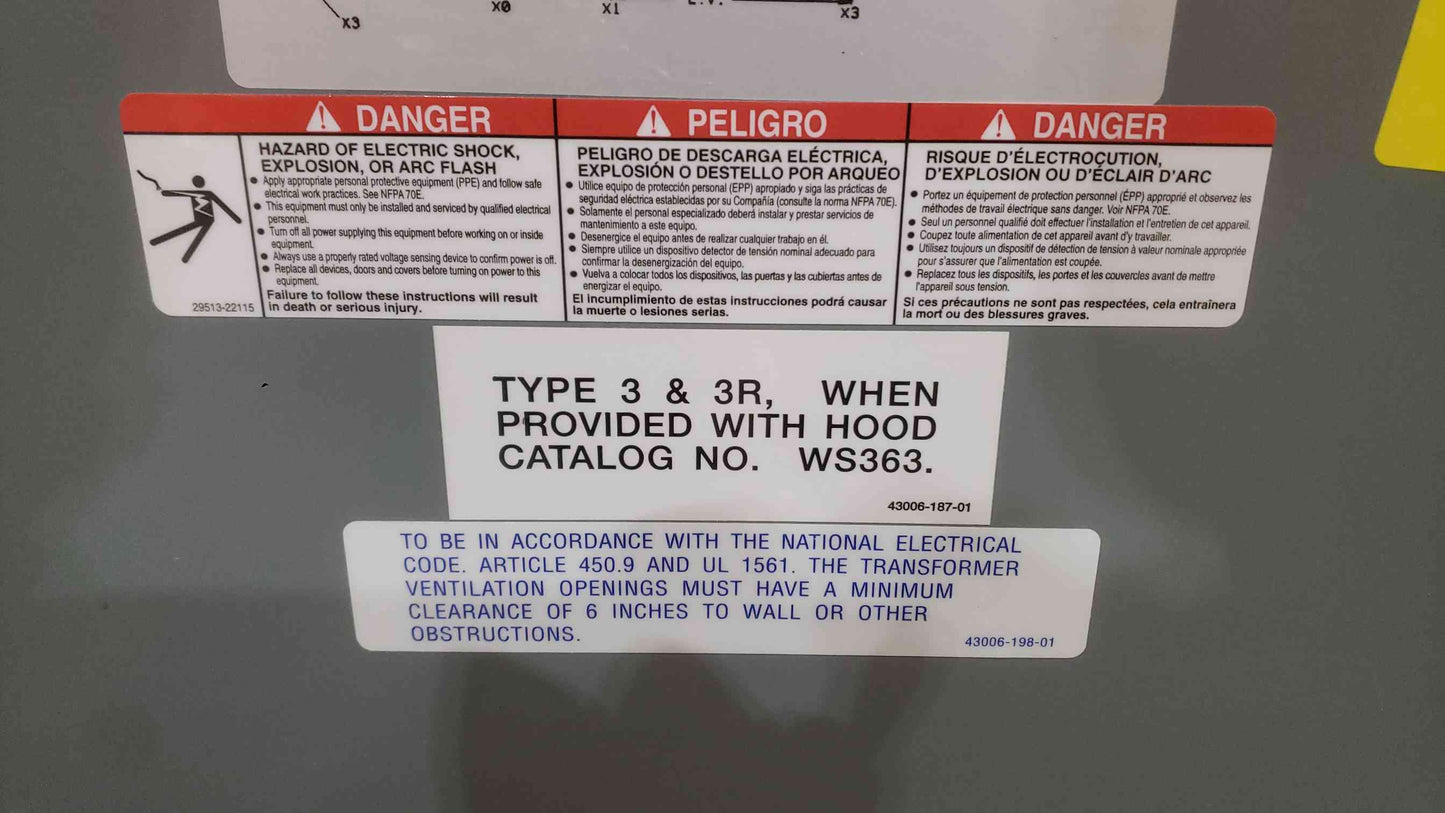 30KVA Square D 480v x 208Y/120 3PH Transformer 30T3H (SKU: 111986)