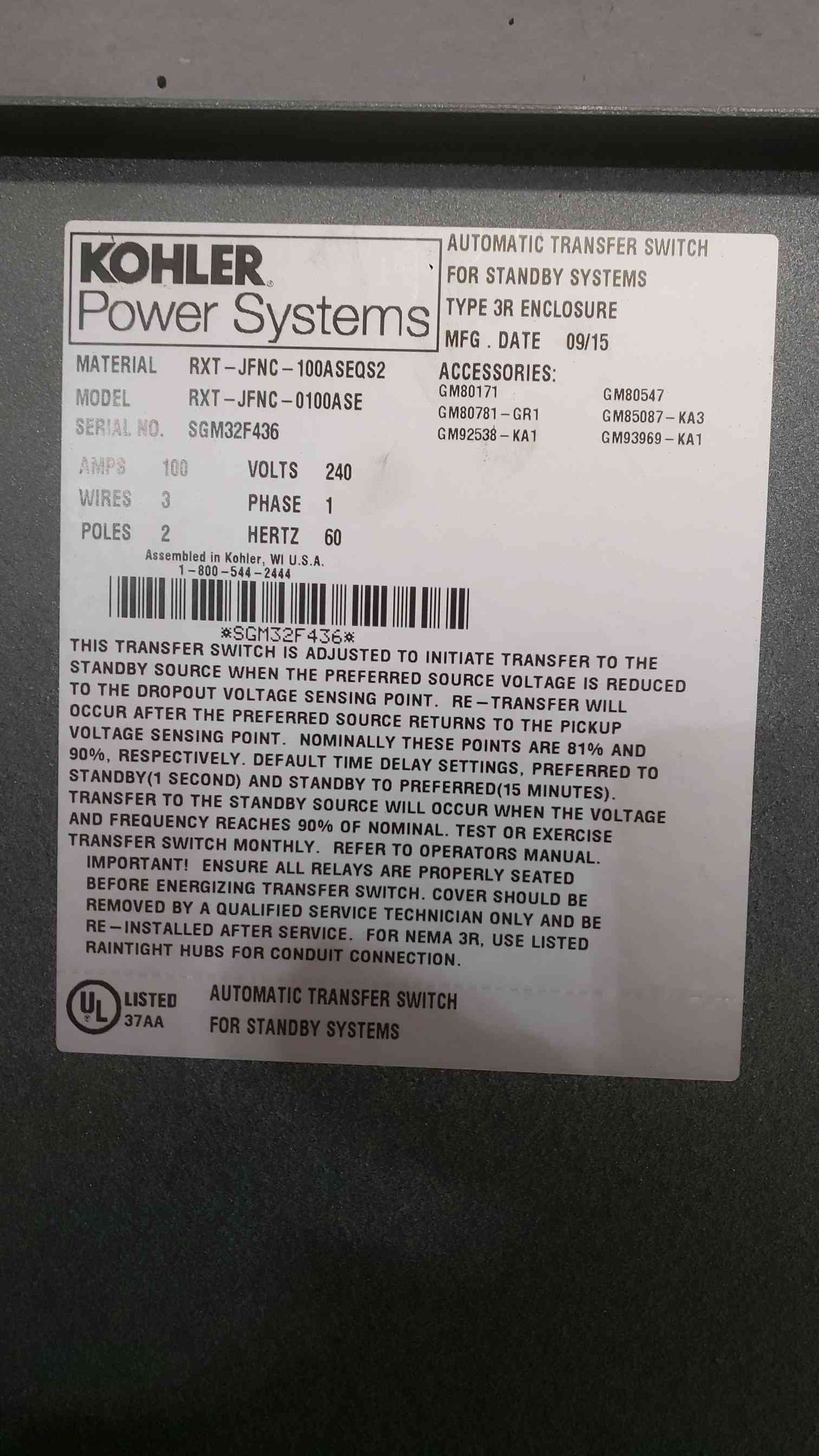 Kohler 100A 240V 3W 1PH 2 Pole ATS RXT-JFNC-0100ASE (SKU: 112044)