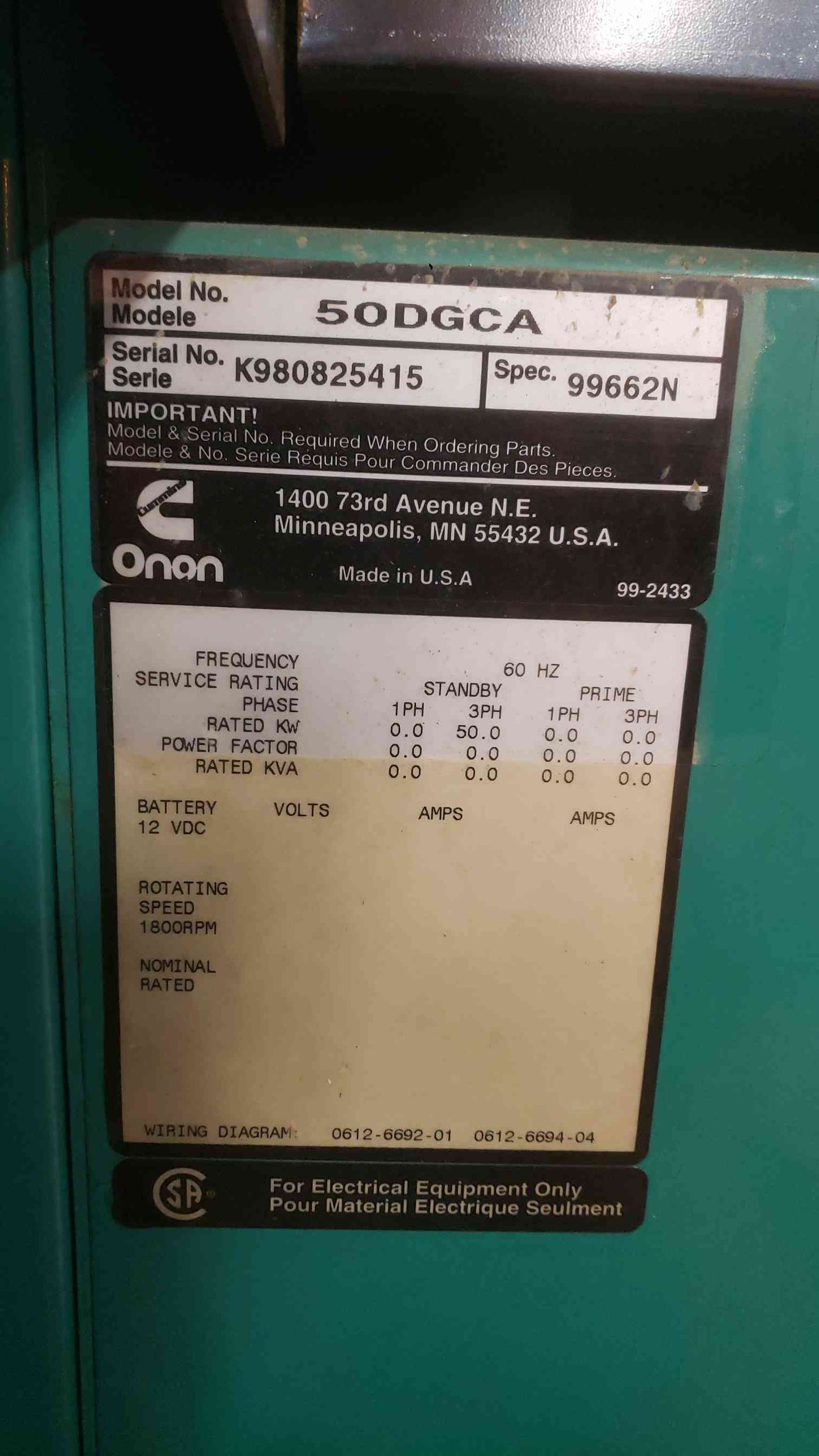 50KW Cummins 50DGCA 3PH Diesel 622.4 Hrs. (SKU: 112081)