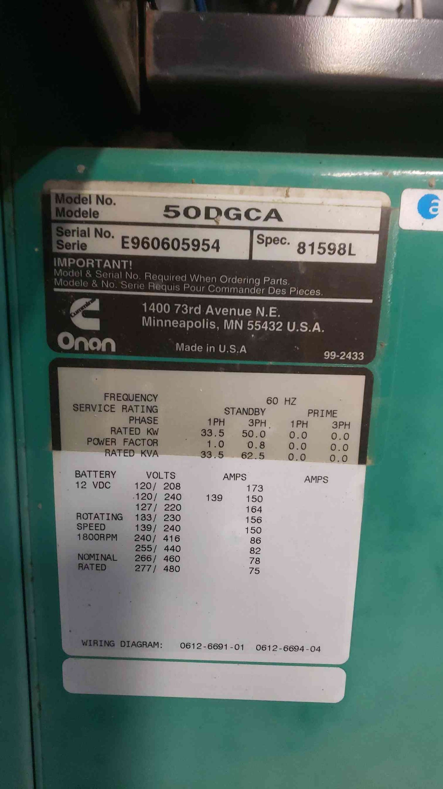 50KW Cummins 4BT 50DGCA 1&3PH Diesel 778 Hrs '96 (SKU: 112084)