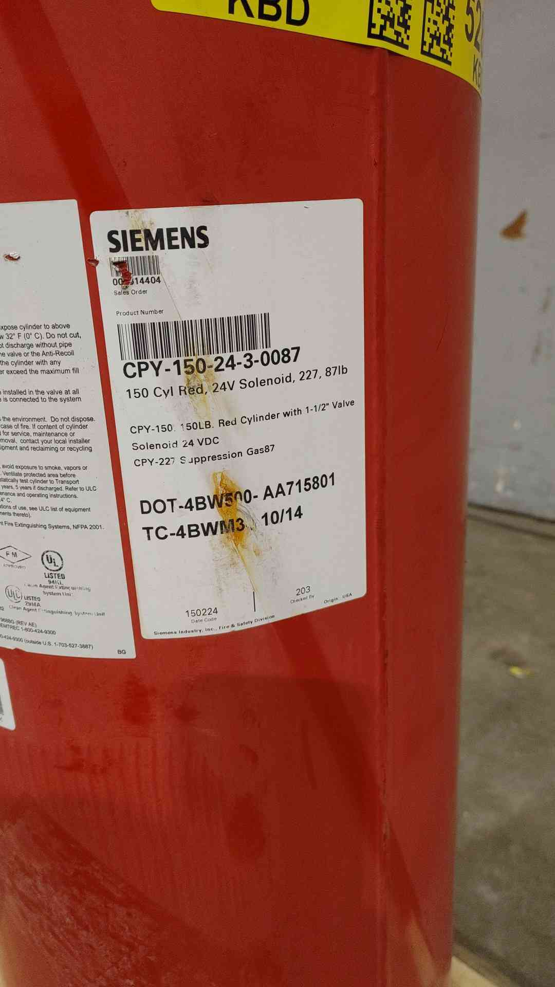 SIEMENS 87lbs Sinorix FM-200 Clean Agent Fire Suppression Tank( SKU: 112134)
