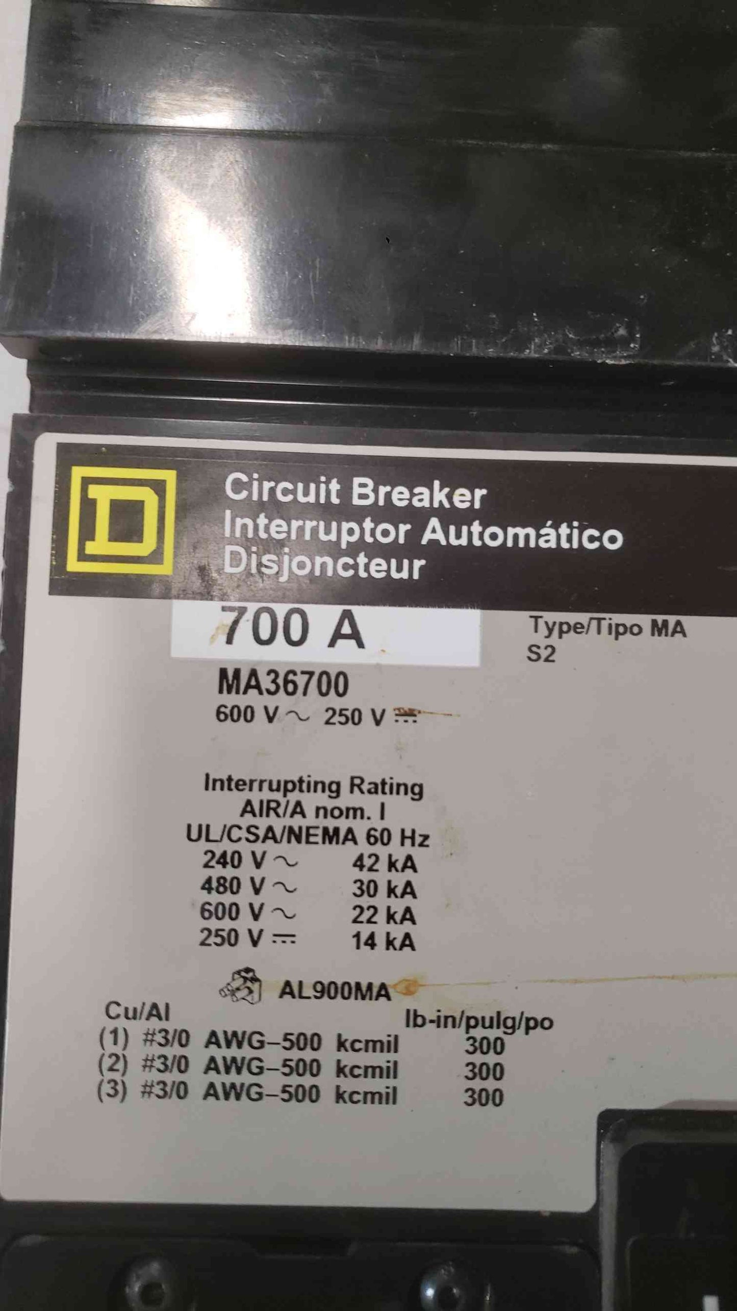 Square D 700A 600V 3 Pole I-Line Breaker MA36700 Lug to Bus (SKU: 112158)