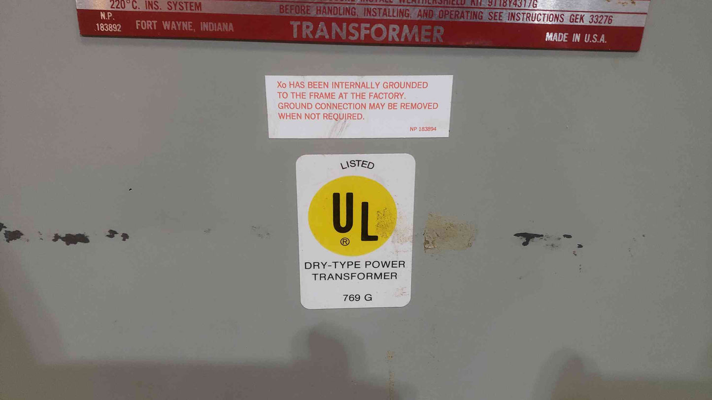 75KVA GE 480v x 208Y/120v 3PH Class AA Transformer 9T23B3874 G 3 (SKU: 112176)