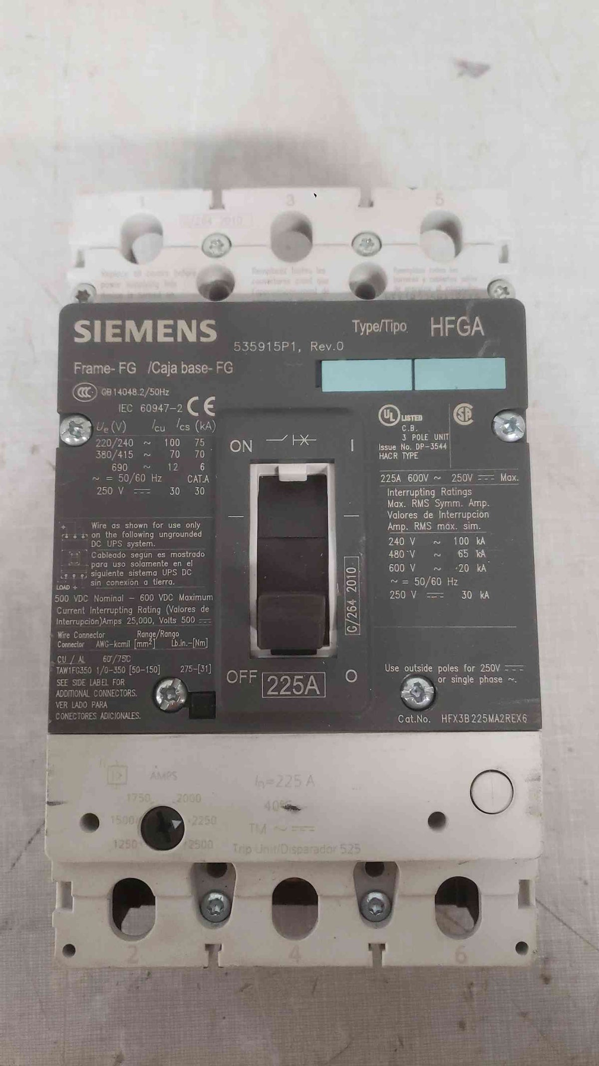 Siemens FG 225A 240VAC 3 Pole Breaker HFX3B225MA2REX6 HFGA (SKU: 112241)