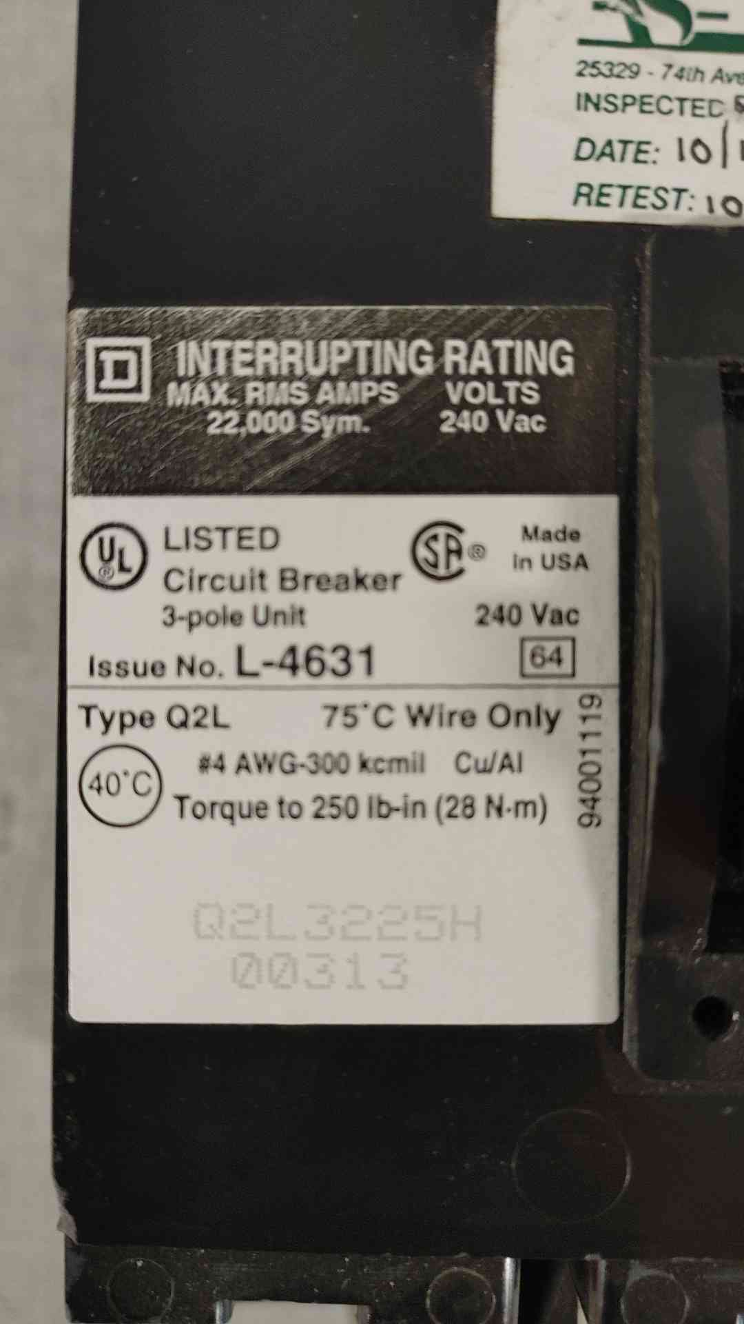 Square D 225A 240VAC 3 Pole Breaker Q2L3225H (SKU: 112248)