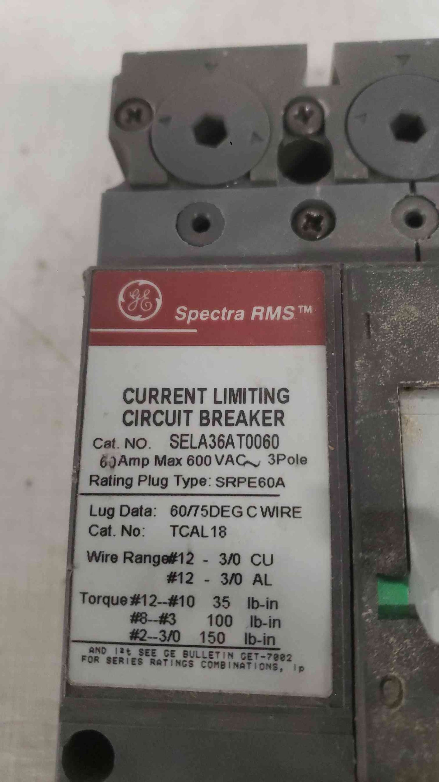 GE 60A 600VAC 3 Pole Breaker SELA36AT0060 No Trip Unit (SKU: 112282)