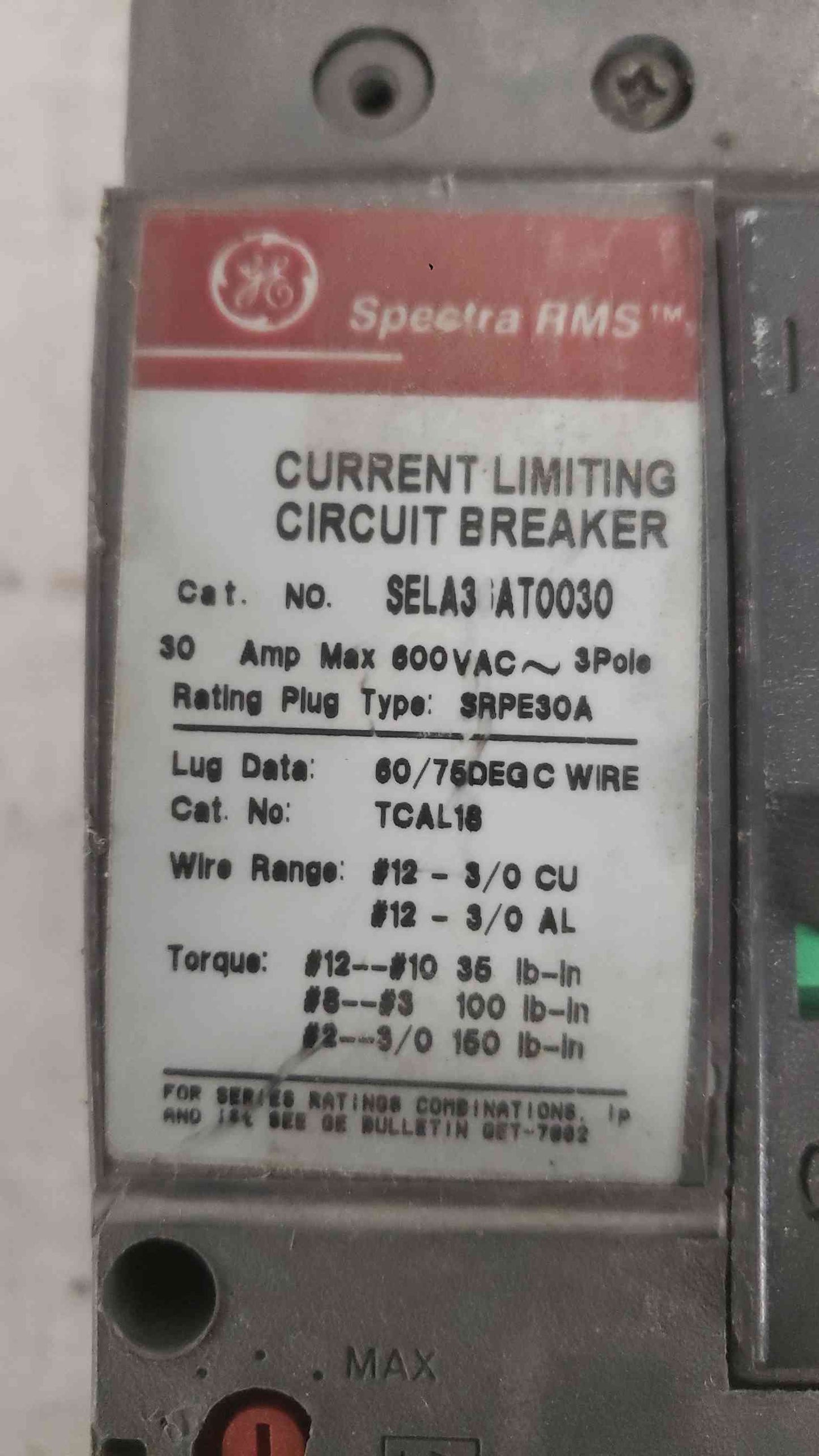 GE 30A 600VAC 3 Pole Breaker SELA36AT0030 (SKU: 112283)
