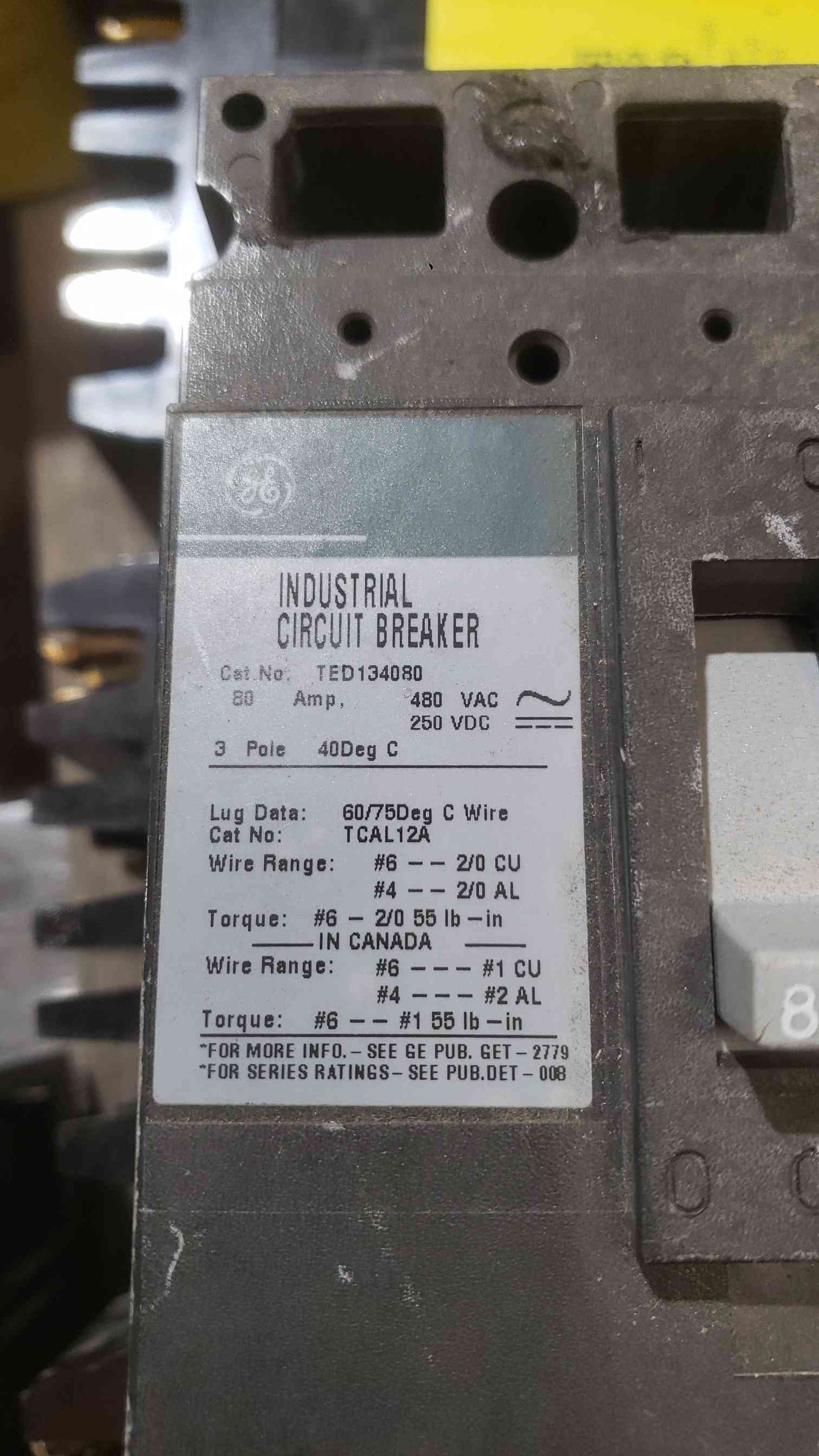 GE 80A 480V 3 Pole Breaker TED124080 (SKU: 112290)