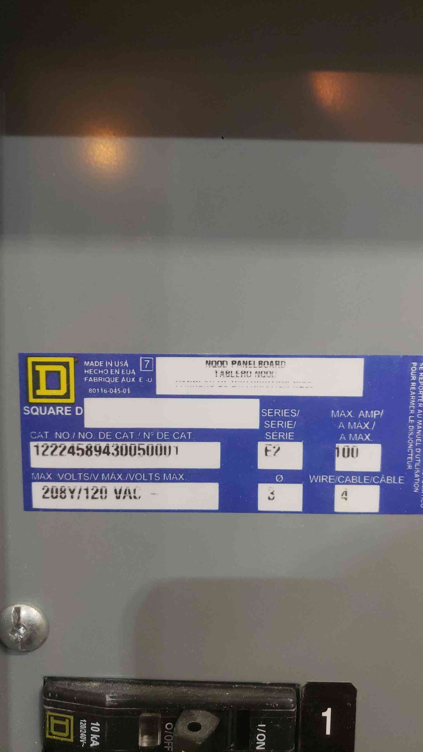 Square D NQOD 100A 208Y/120 VAC 3PH 4W Panelboard with Main (SKU: 112338)