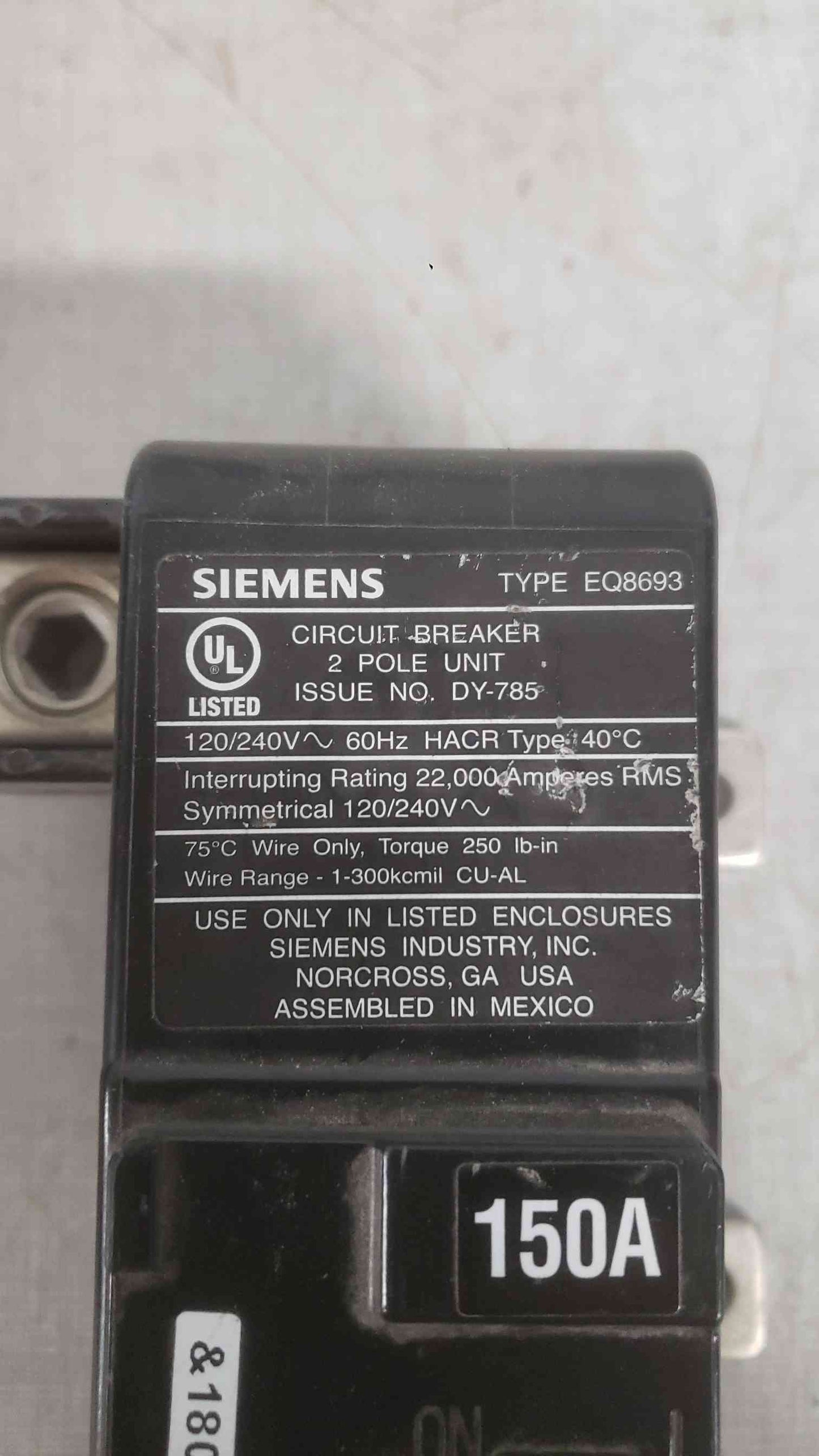 Siemens 150A 120/240V 60Hz 2 Pole Breaker EQ8693 (SKU: 112324)