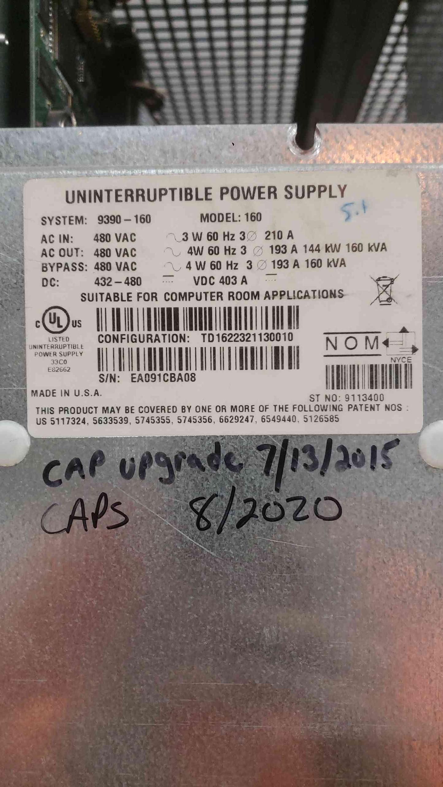 AS-IS EATON 480VAC 3PH UPS System 9390-160 (SKU: 112438)
