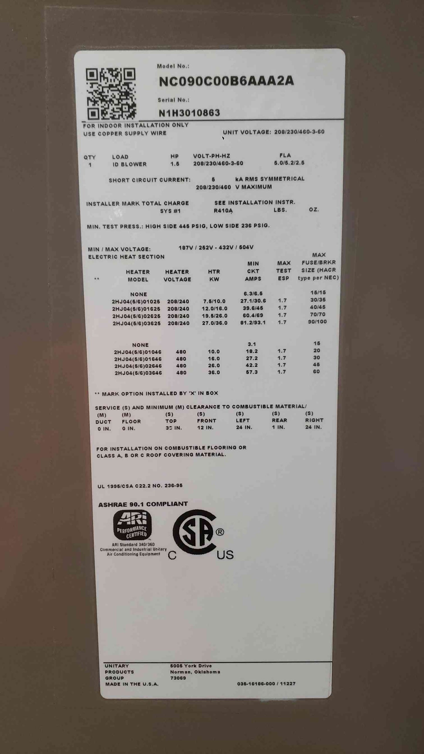 YORK NC090 Commercial Air Handler 208/230/460 3PH Indoor Heater NC090C00B6AAA2A (SKU: 122441)