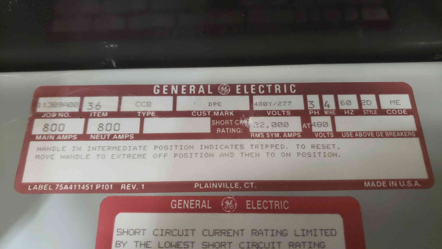 800A GE Panelboard 480/277V 3PH 10 Breakers & Main (SKU: 111610)