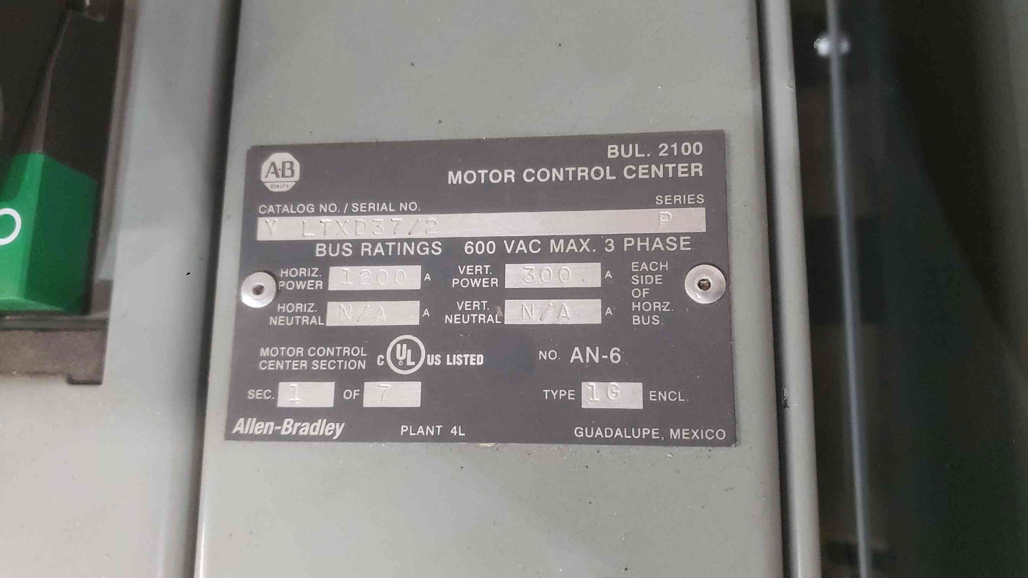 Allen-Bradley 2100 MCC 2-Section 1200A 600V 3PH w/ 6 Buckets Centerline Series (SKU: 112462)