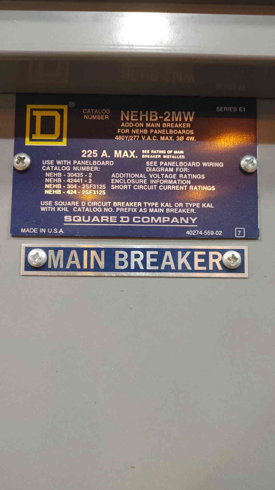 Square D NEHB-2MW 225A 480Y/277V 3PH 4W Panelboard NH53TS Trim w/ Main Breaker (SKU: 112501)