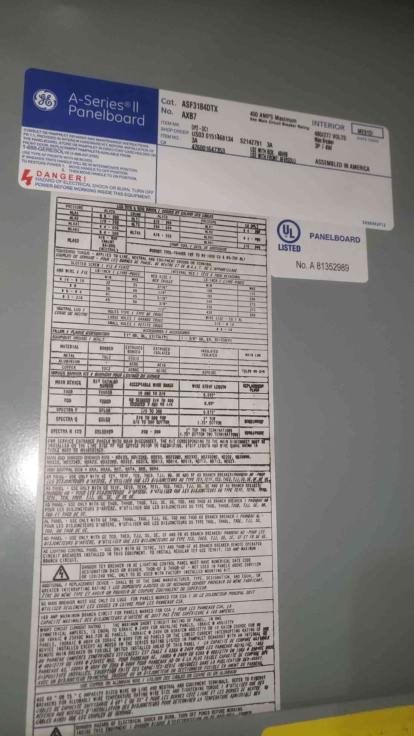 400A GE A-Series II Panelboard 480/277v 5 Breakers & Main (SKU: 111616)