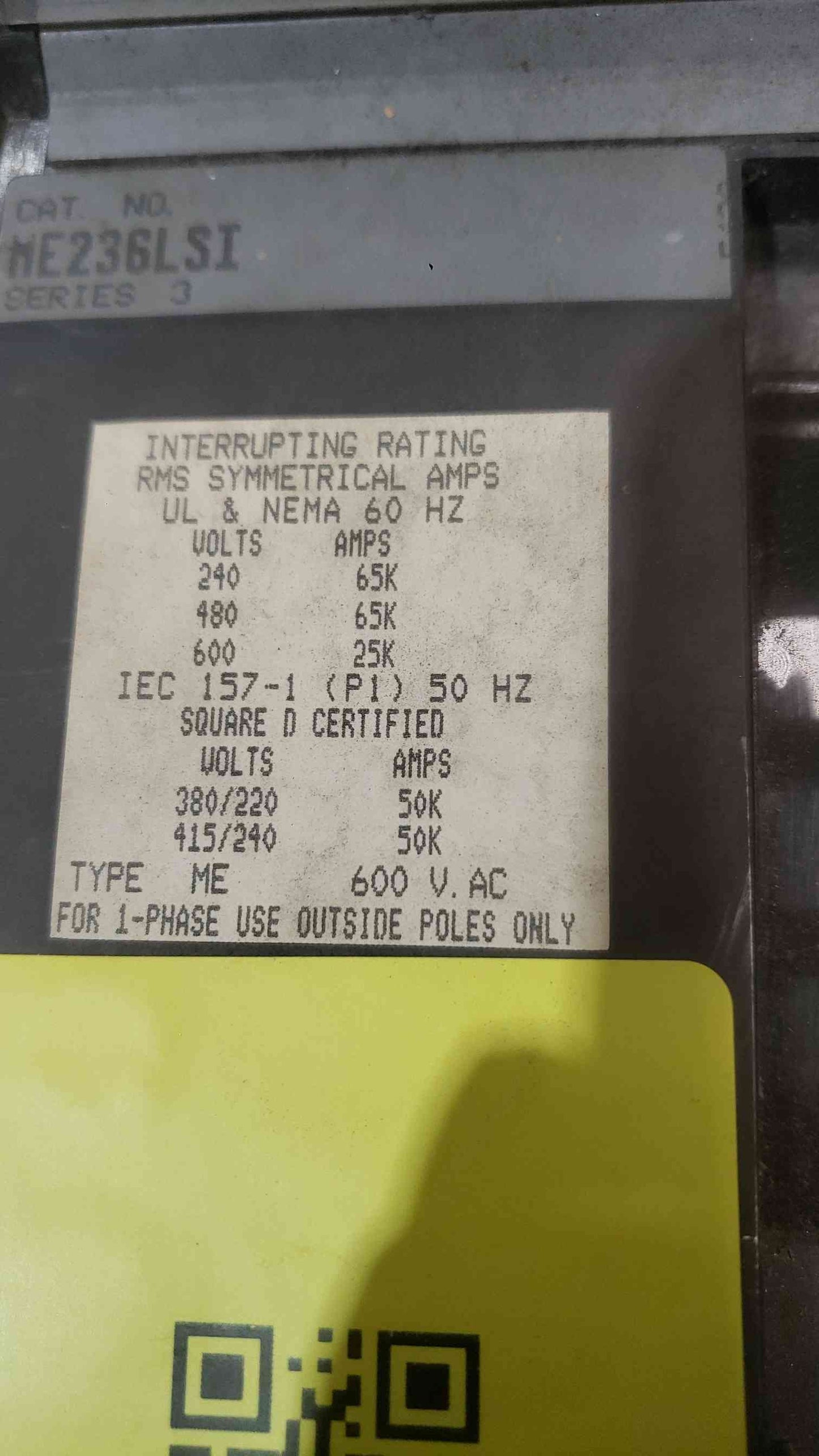Square D 225A 600V 3 Pole Solid State Trip Circuit Breaker ME236LSI (SKU: 112546)