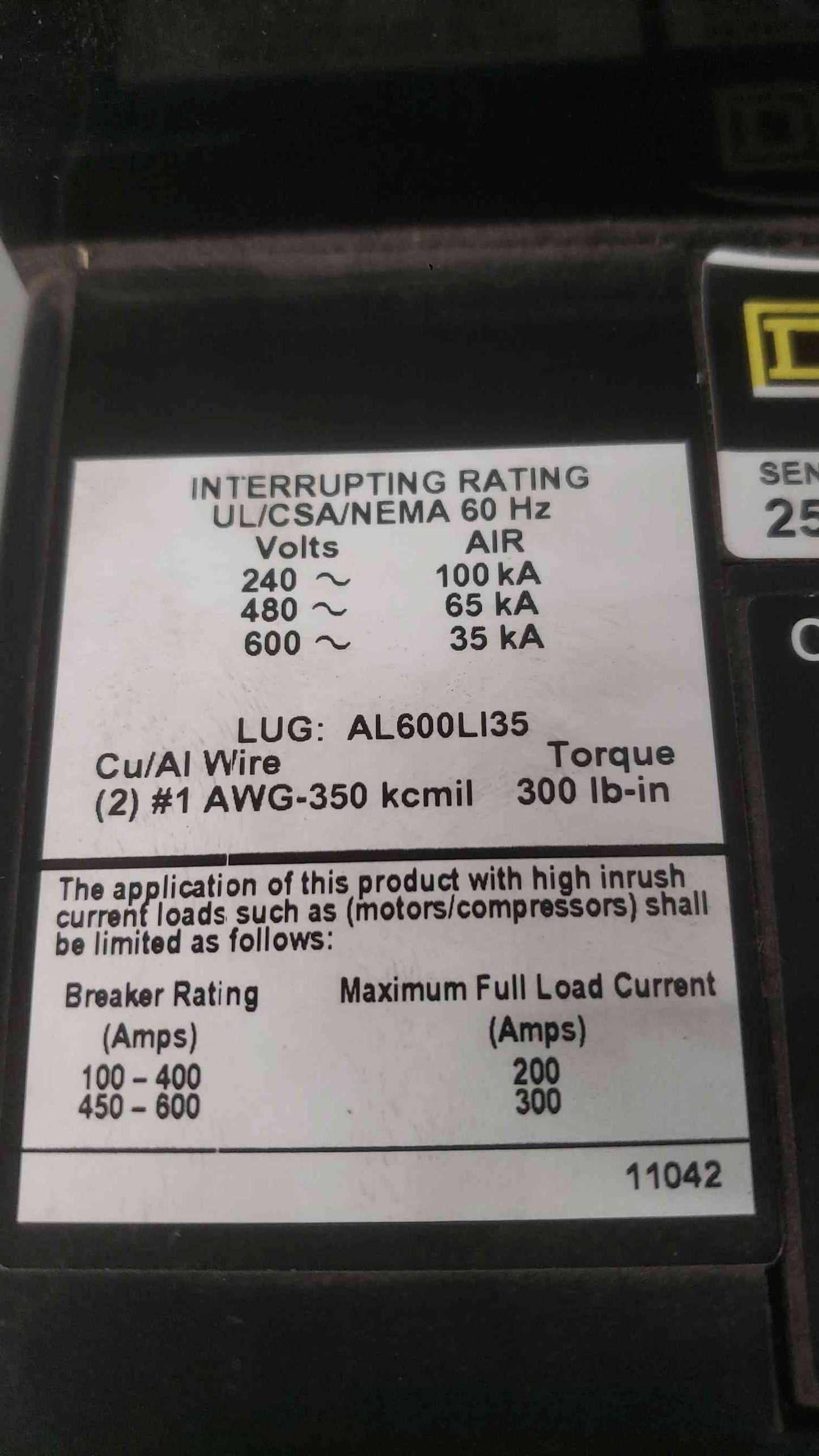 Square D 250A 600VAC Electronic Trip Circuit Breaker LX36250 (SKU: 112533)