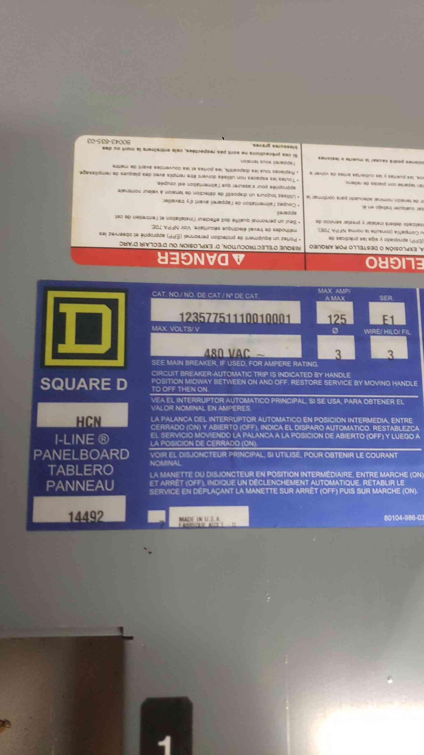 Square D I-Line 125A 480VAC 3PH 3W Panelboard W/ No Breakers (SKU: 112539)