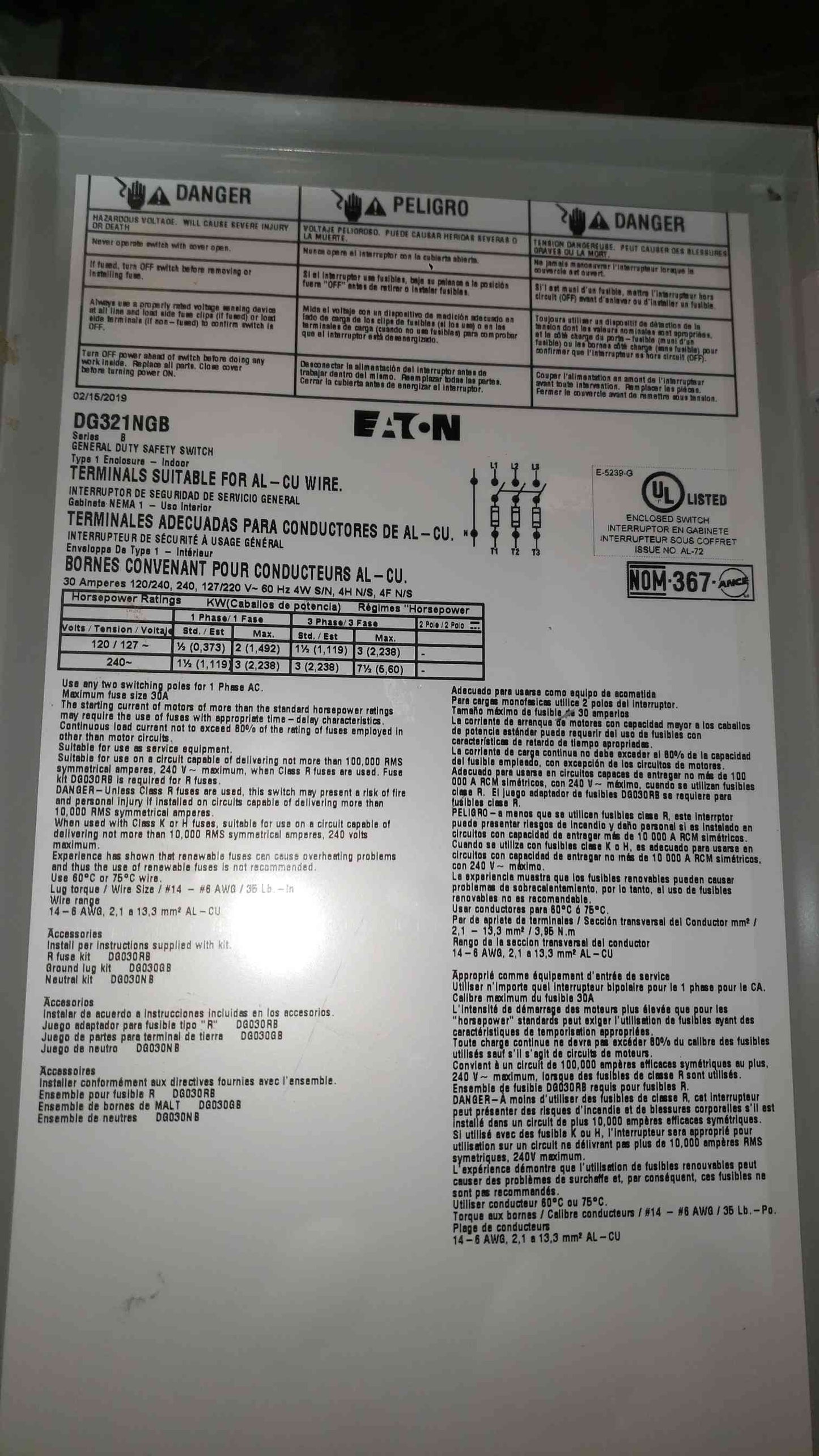 EATON 30A 240V~ General Duty Safety Switch DG321NGB (SKU: 112567)
