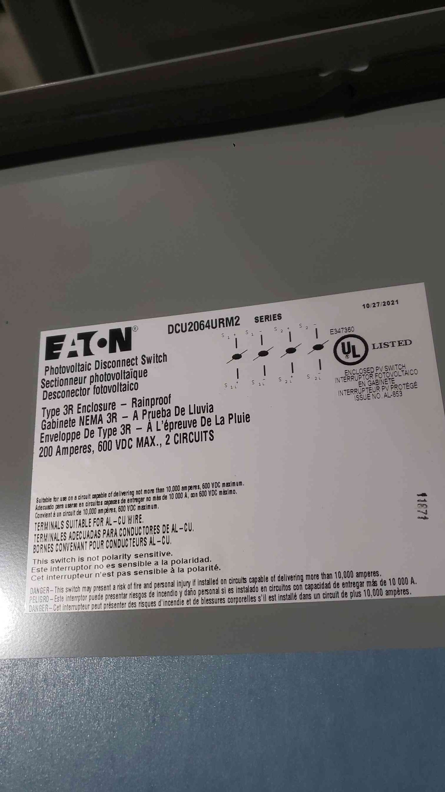 EATON 200A 600VDC Type 3R Enclosure DCU2064URM2 (SKU: 112571)