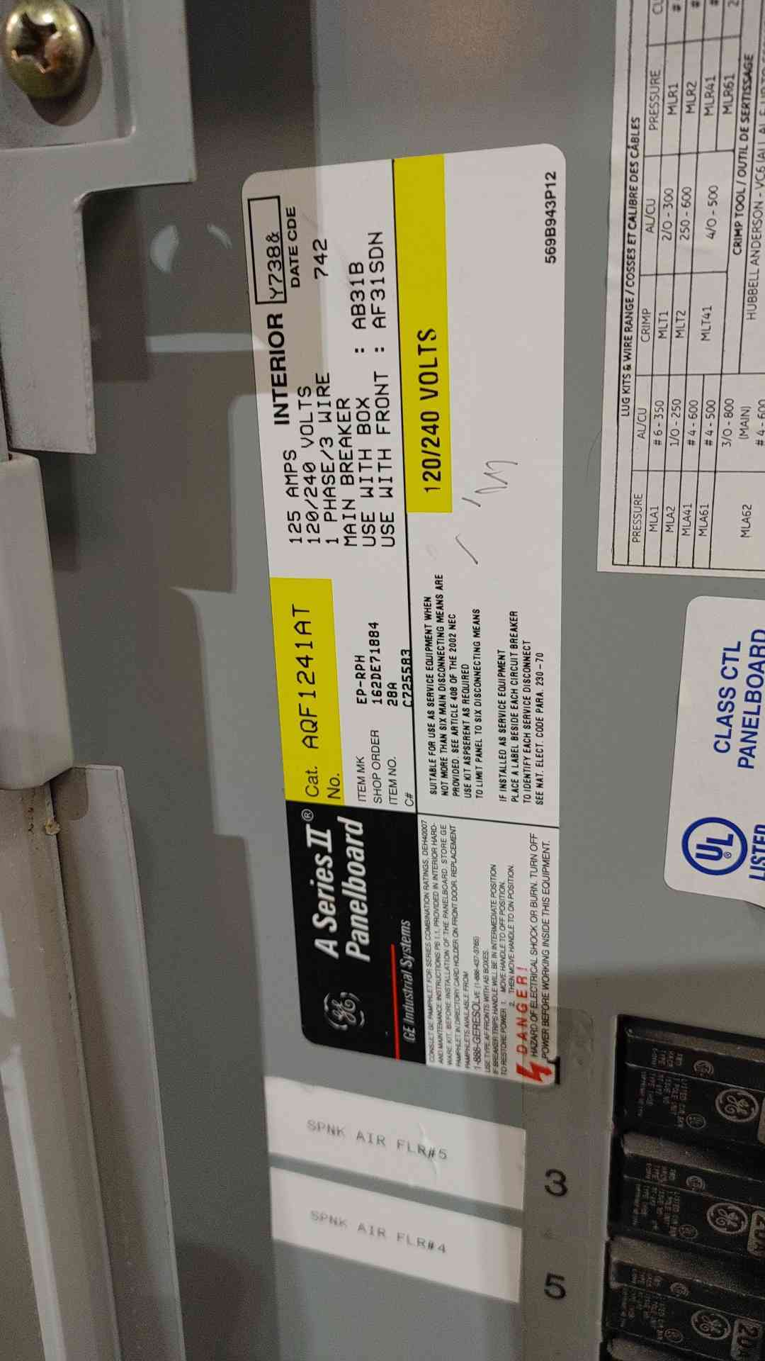 GE 125A 120/240V 1PH 3W Panelboard w/ Main AQF1241AT(SKU: 112626)