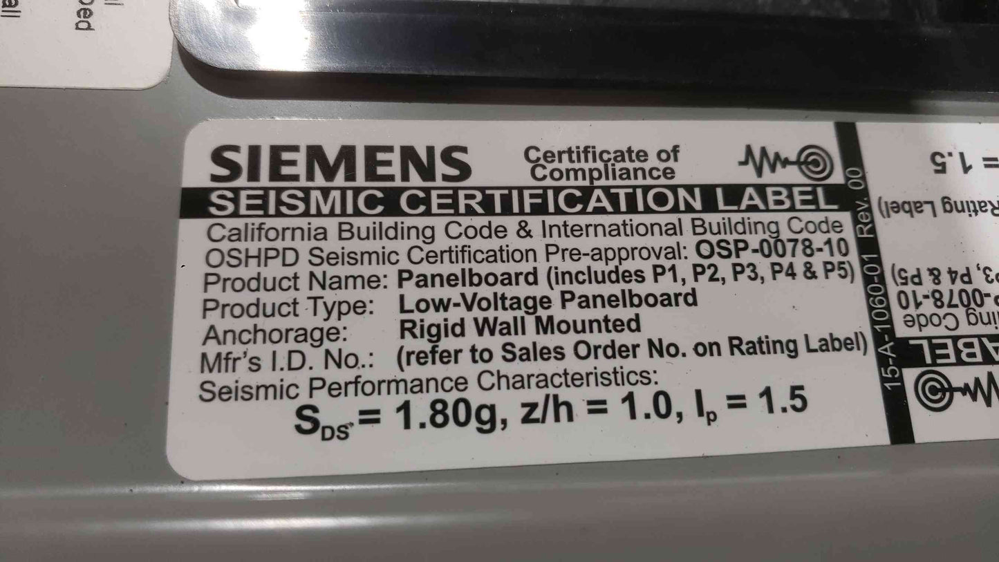 2019 Siemens P1 250A 480V 3PH 18-Cir SEISMIC RATED Tin-Plated Bus Bolt-On BQD (SKU: 112645)