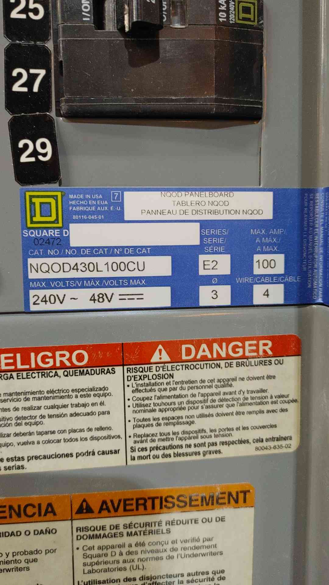 Square D NQOD 100A 240V~48V 3PH 4W Panelboard NQOD430L100CU(SKU: 112649)