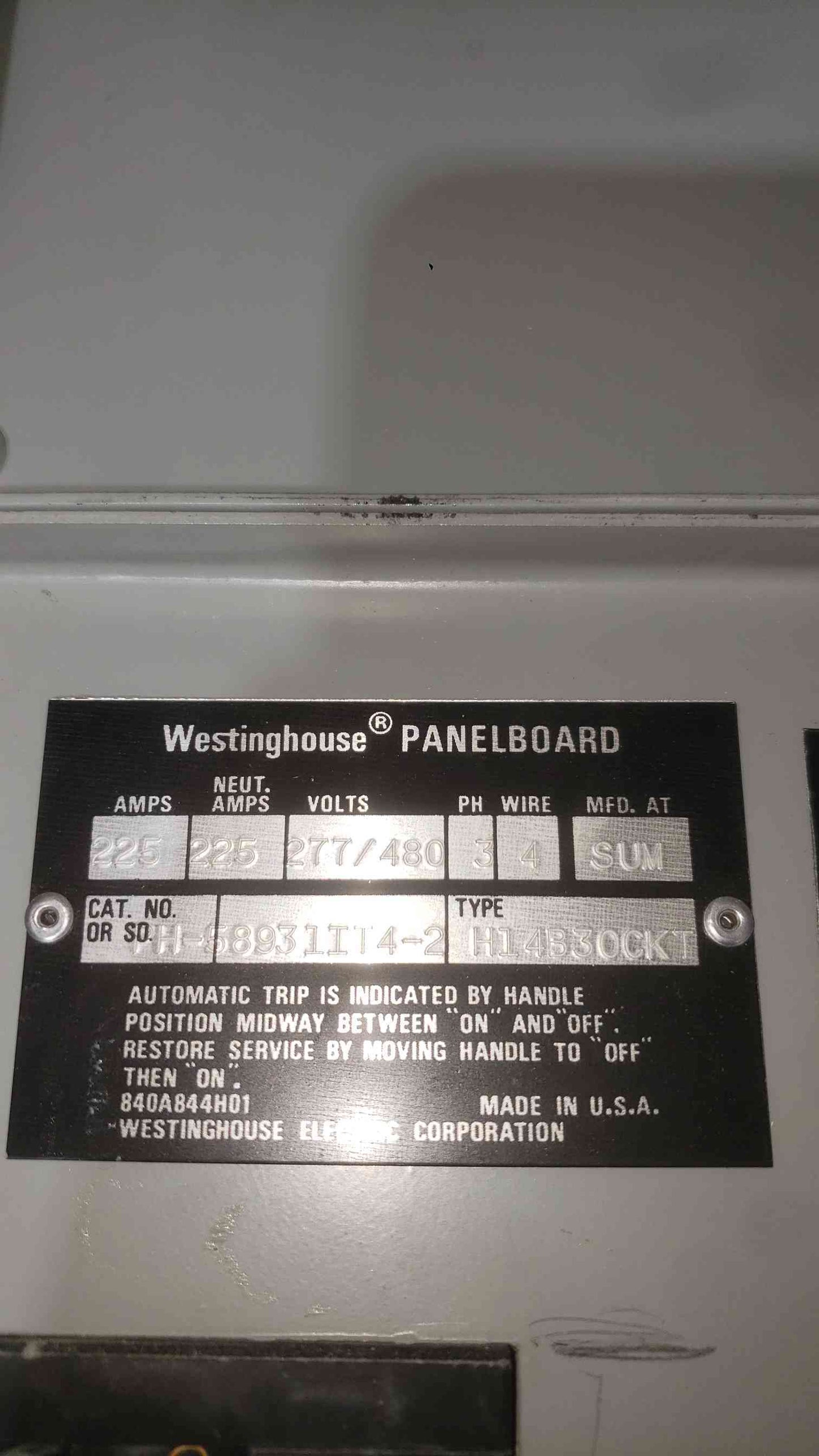 Westinghouse 225A 277/480 3PH 4W Panelboard (SKU: 112708)