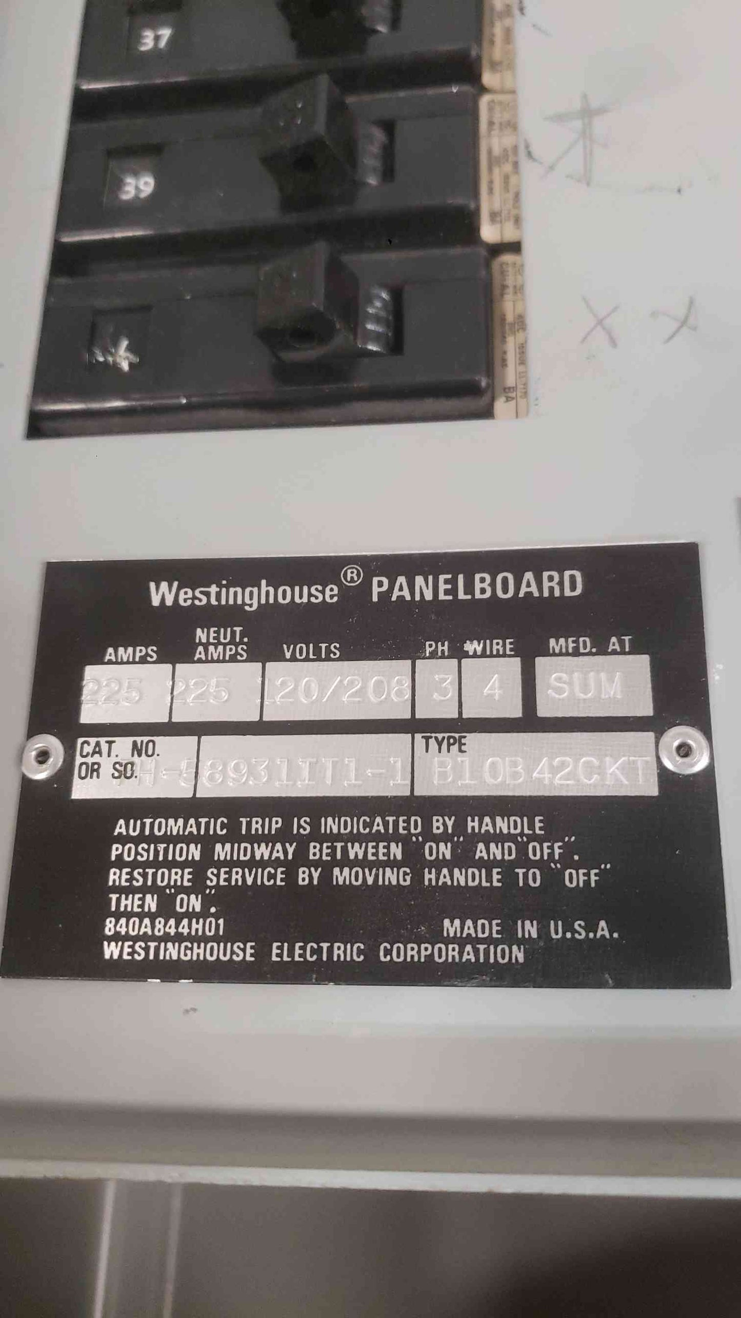 Westinghouse 225A 120/208V 3-Phase 4-Wire 42-Circuit Panelboard B10B42CKT with BA Breakers & Main (SKU: 112720)