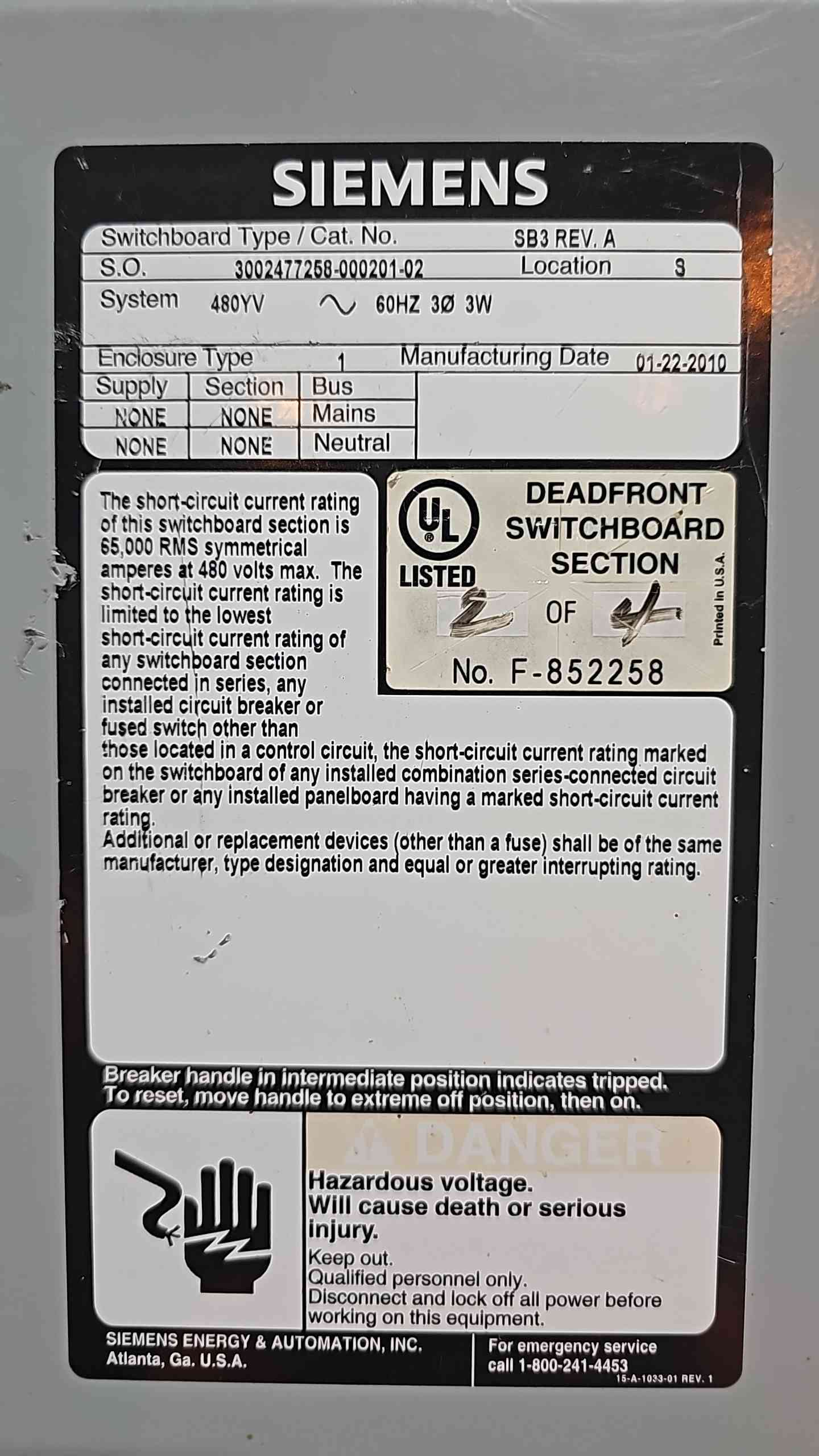 75KVA Hammond Transformer 480v x 480Y/277v w/ Integrated Siemens 208/120v HCB Panelboard (112757)