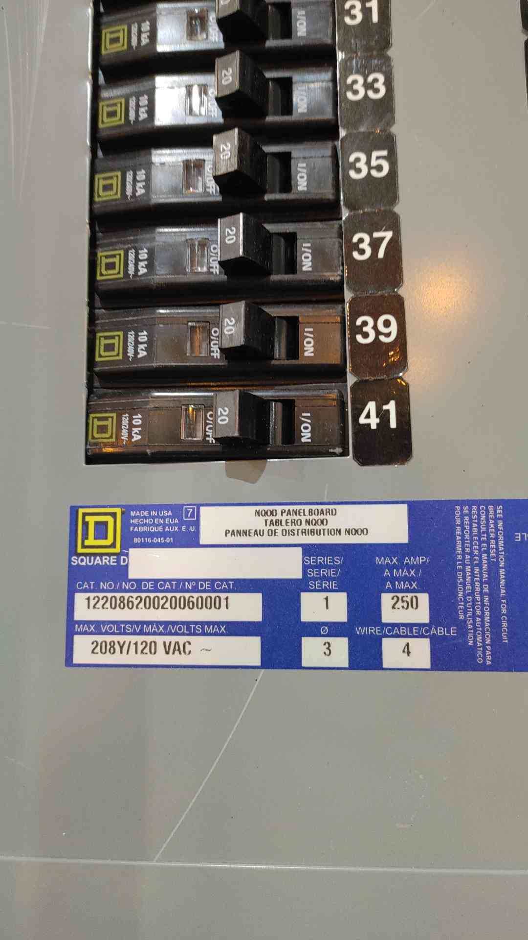 Square D NQOD 250 Amp Main Breaker Panelboard 208Y/120V 3PH 4W 42-Circuit Loaded(SKU: 112778)